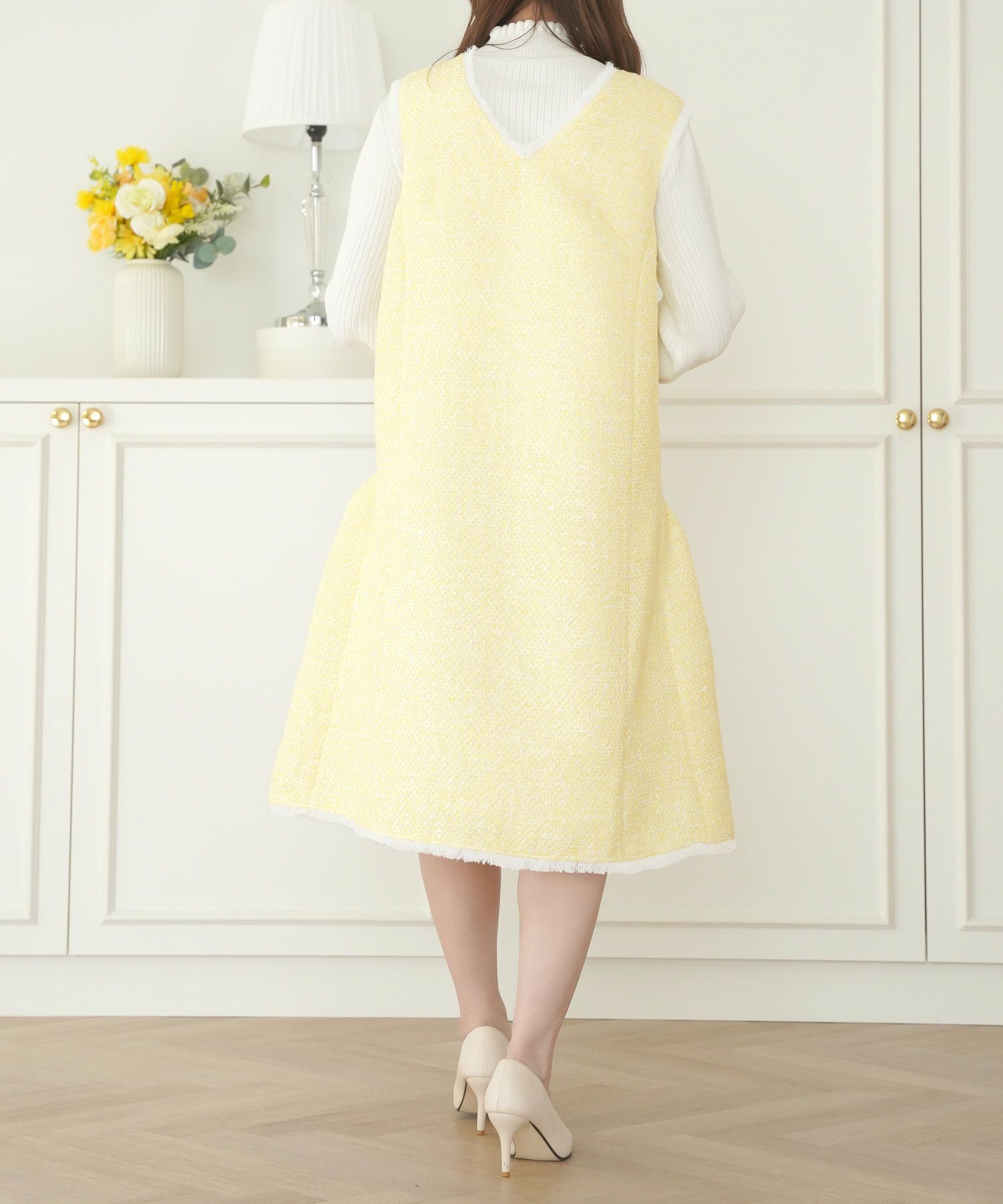 ツイードワンピース生地レディースきれいめ春秋人気おしゃれ大人服かわいい白ジョイントスペース