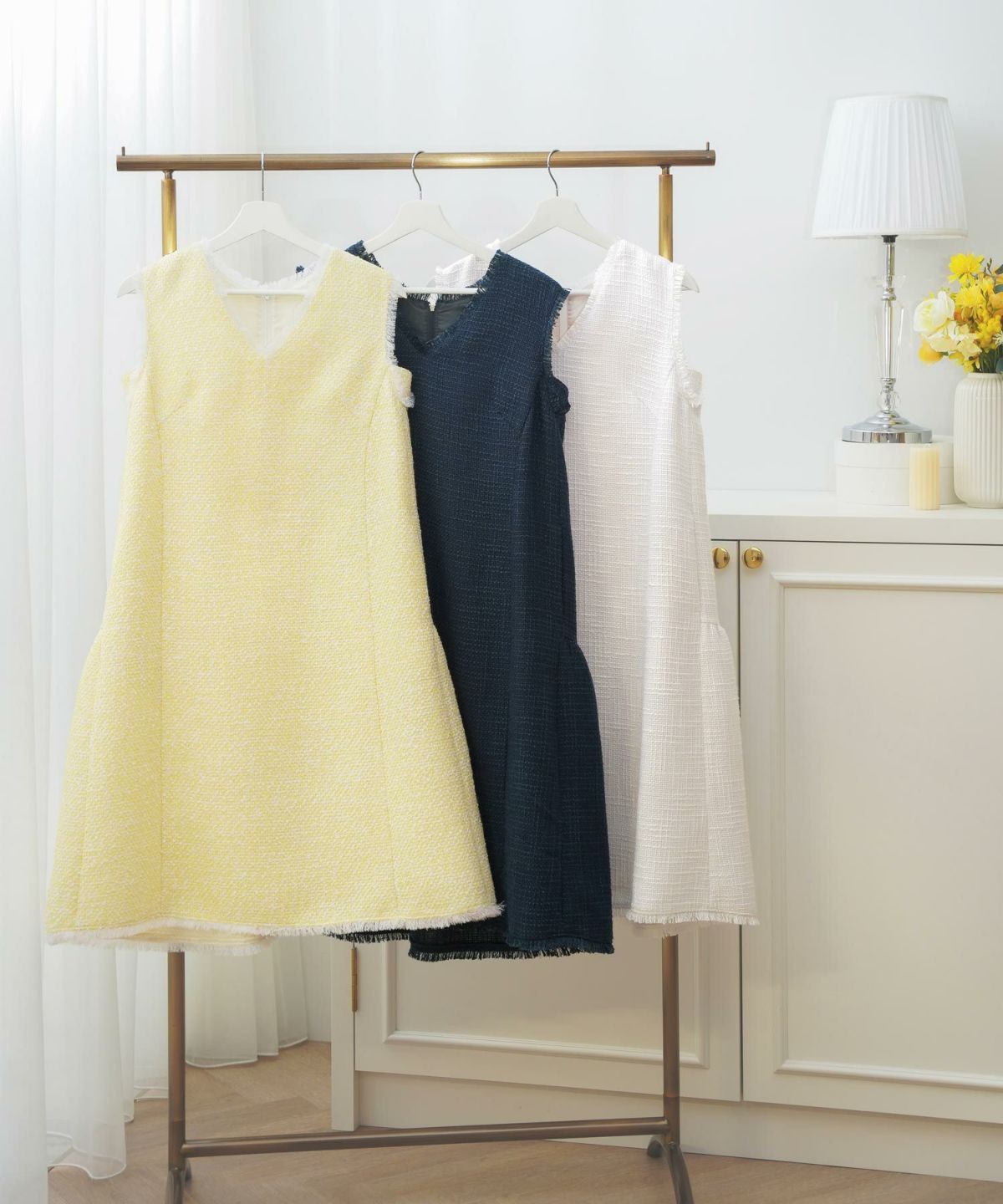 ツイードワンピース生地レディースきれいめ春秋人気おしゃれ大人服かわいい白ジョイントスペース