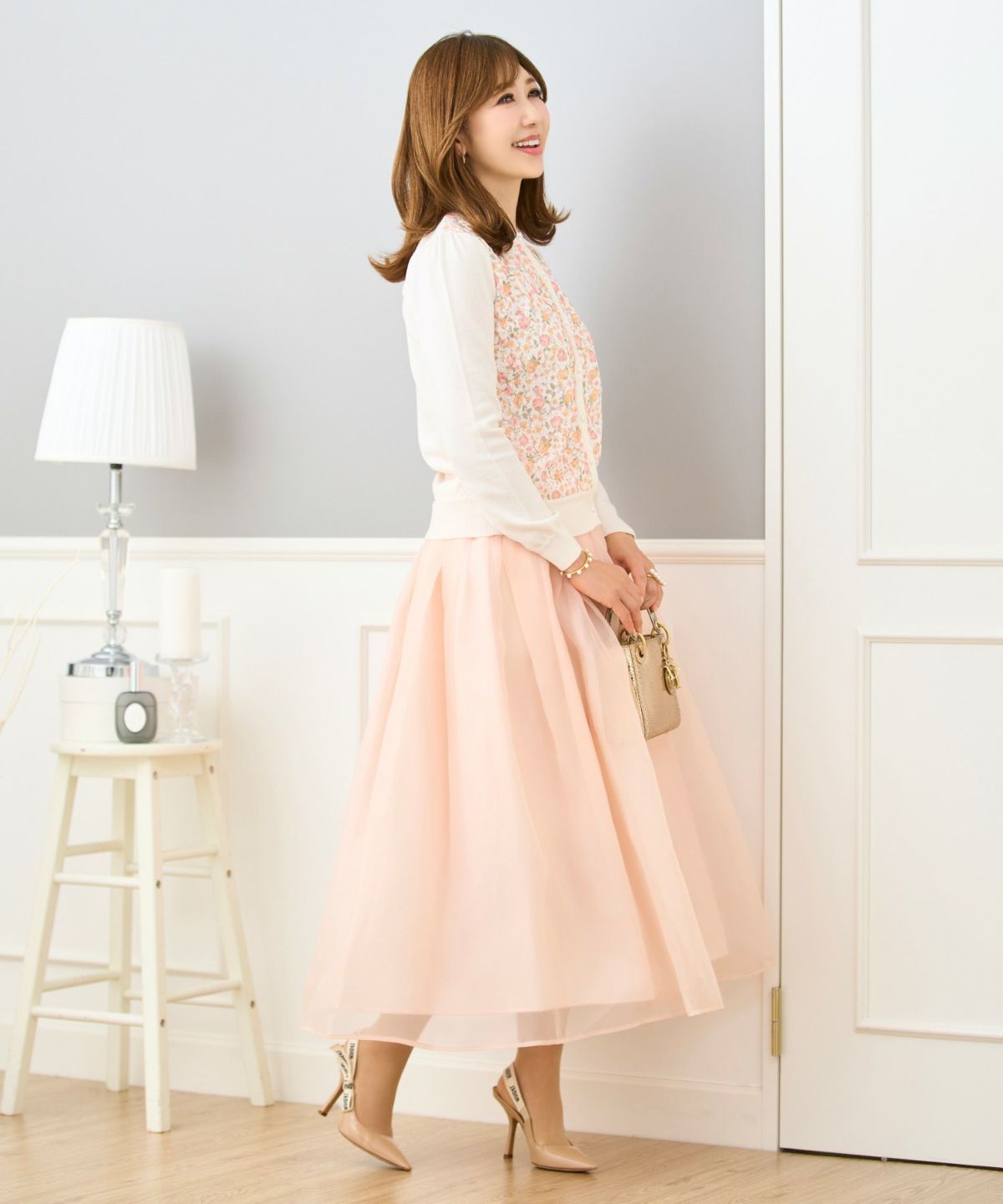 ウォッシャブル ニット カーディガン レディース トップス かわいい きれいめ 大人 オフィス 上品 花柄 白 ジョイントスペース