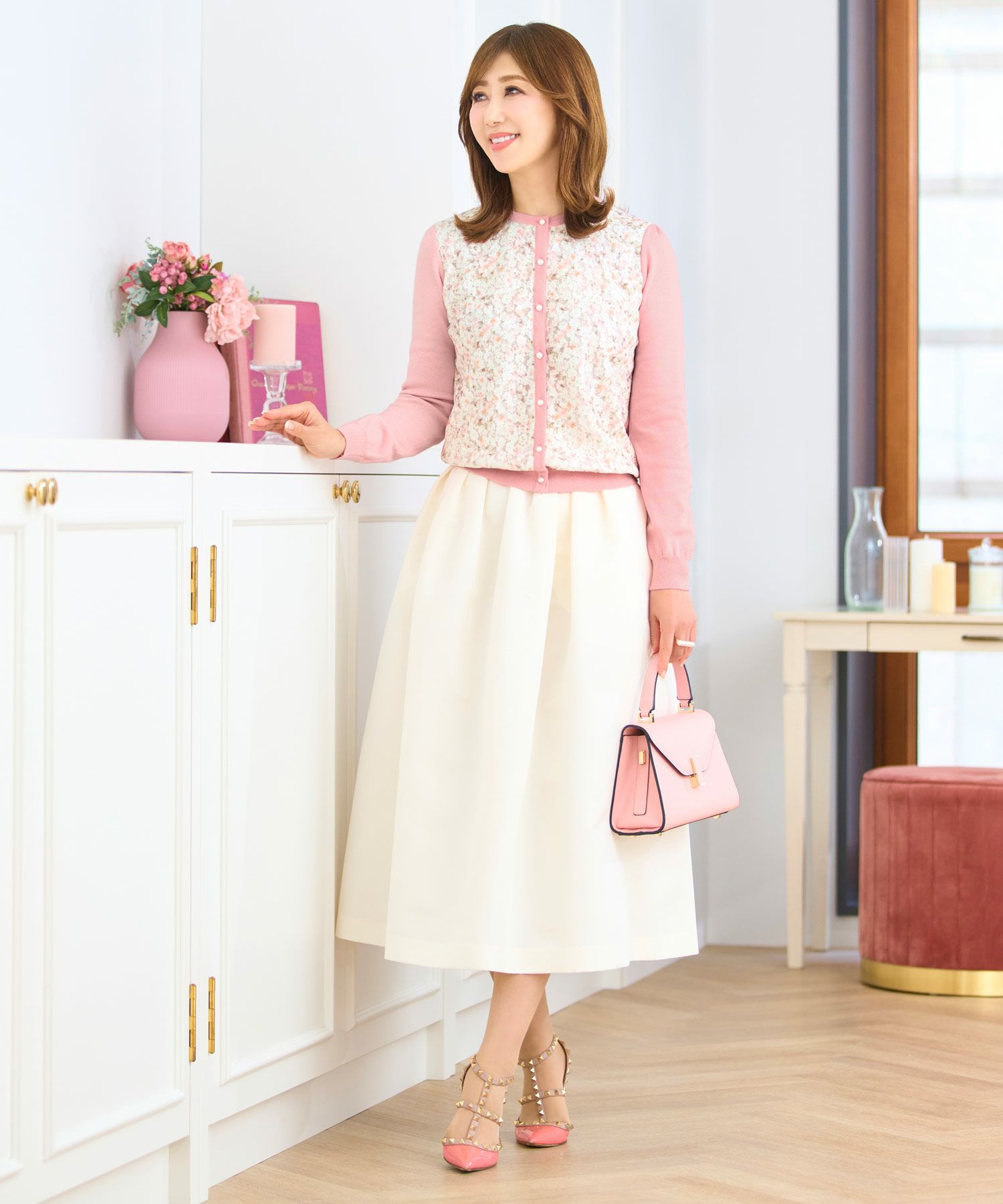 ウォッシャブル ニット カーディガン レディース トップス かわいい きれいめ 大人 オフィス 上品 花柄 白 ジョイントスペース