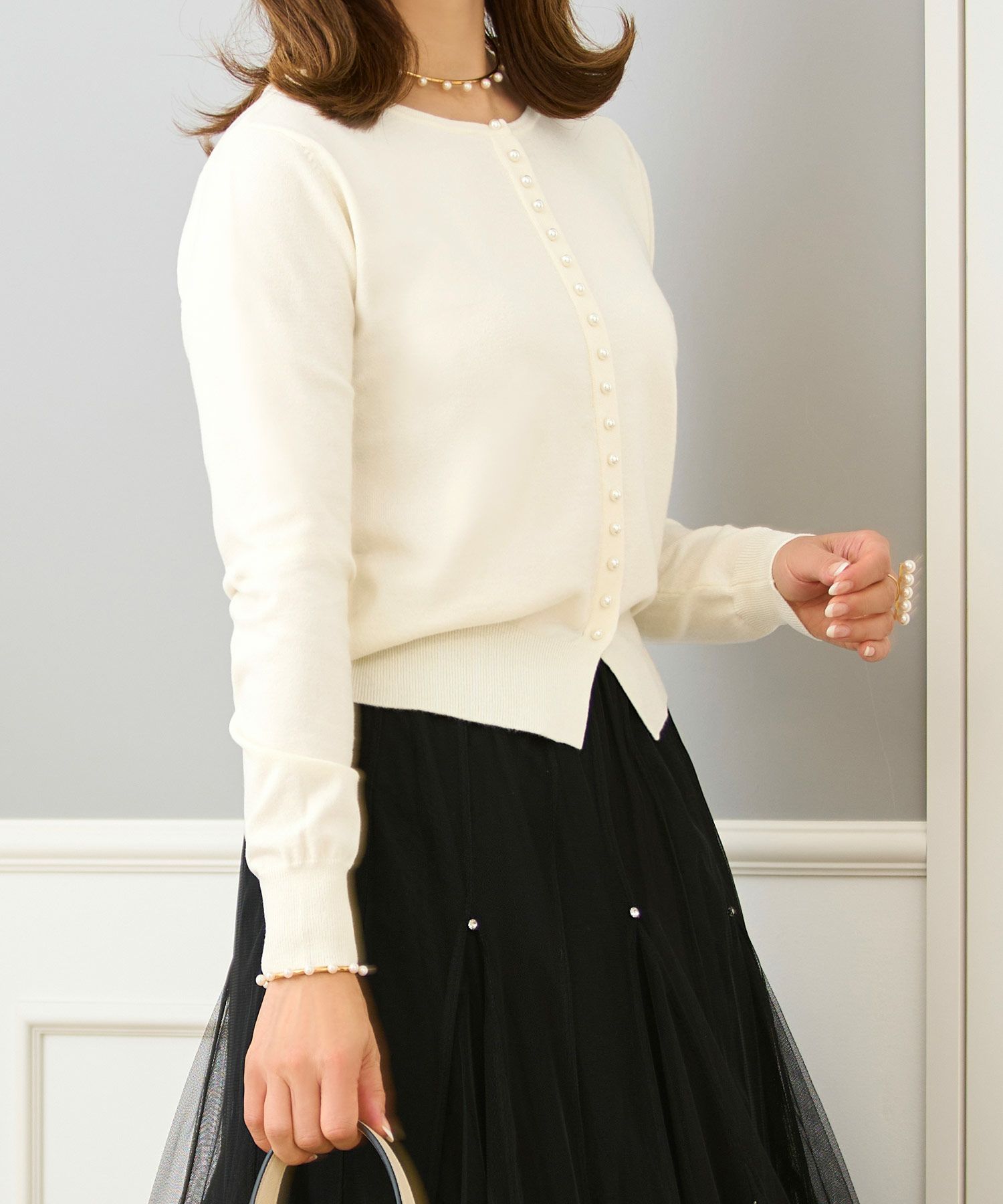 セレクトウォッシャブルトップスニットハイゲージ春秋冬レディースオフィスきれいめかわいい上品大人白黒ジョイントスペース