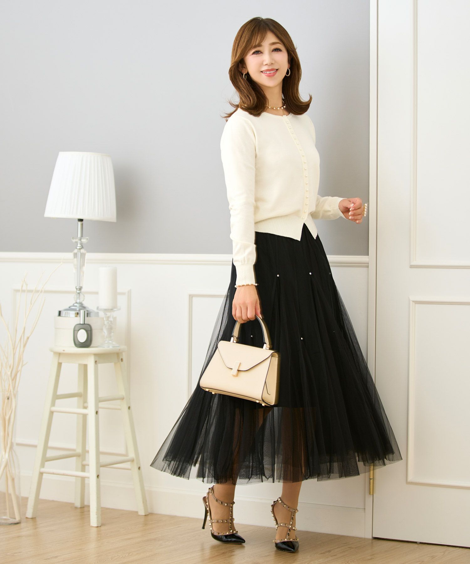 セレクトウォッシャブルトップスニットハイゲージ春秋冬レディースオフィスきれいめかわいい上品大人白黒ジョイントスペース