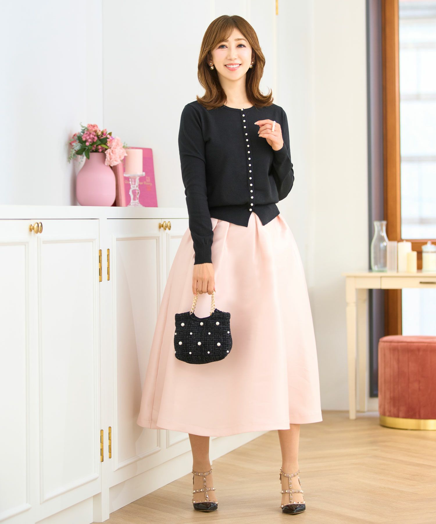 セレクトウォッシャブルトップスニットハイゲージ春秋冬レディースオフィスきれいめかわいい上品大人白黒ジョイントスペース