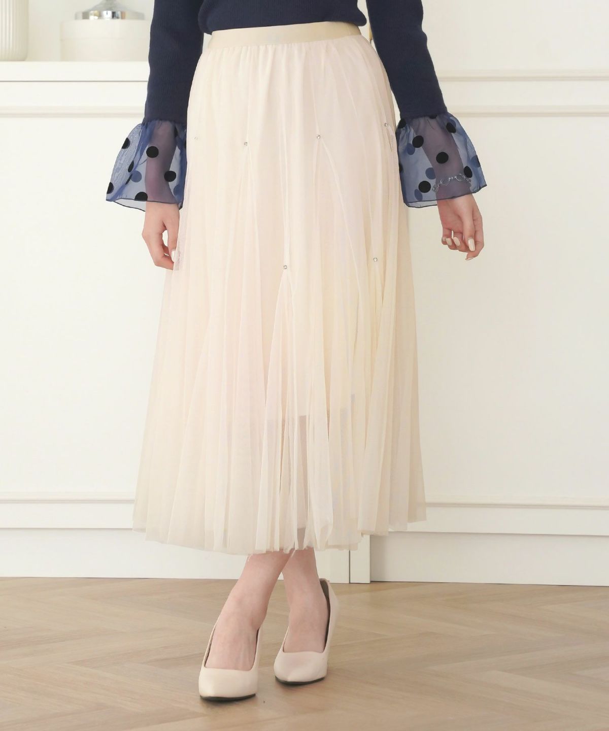 セレクトスカートフレアチュール白黒ロングきれいめかわいい大人オフィスジョイントスペース