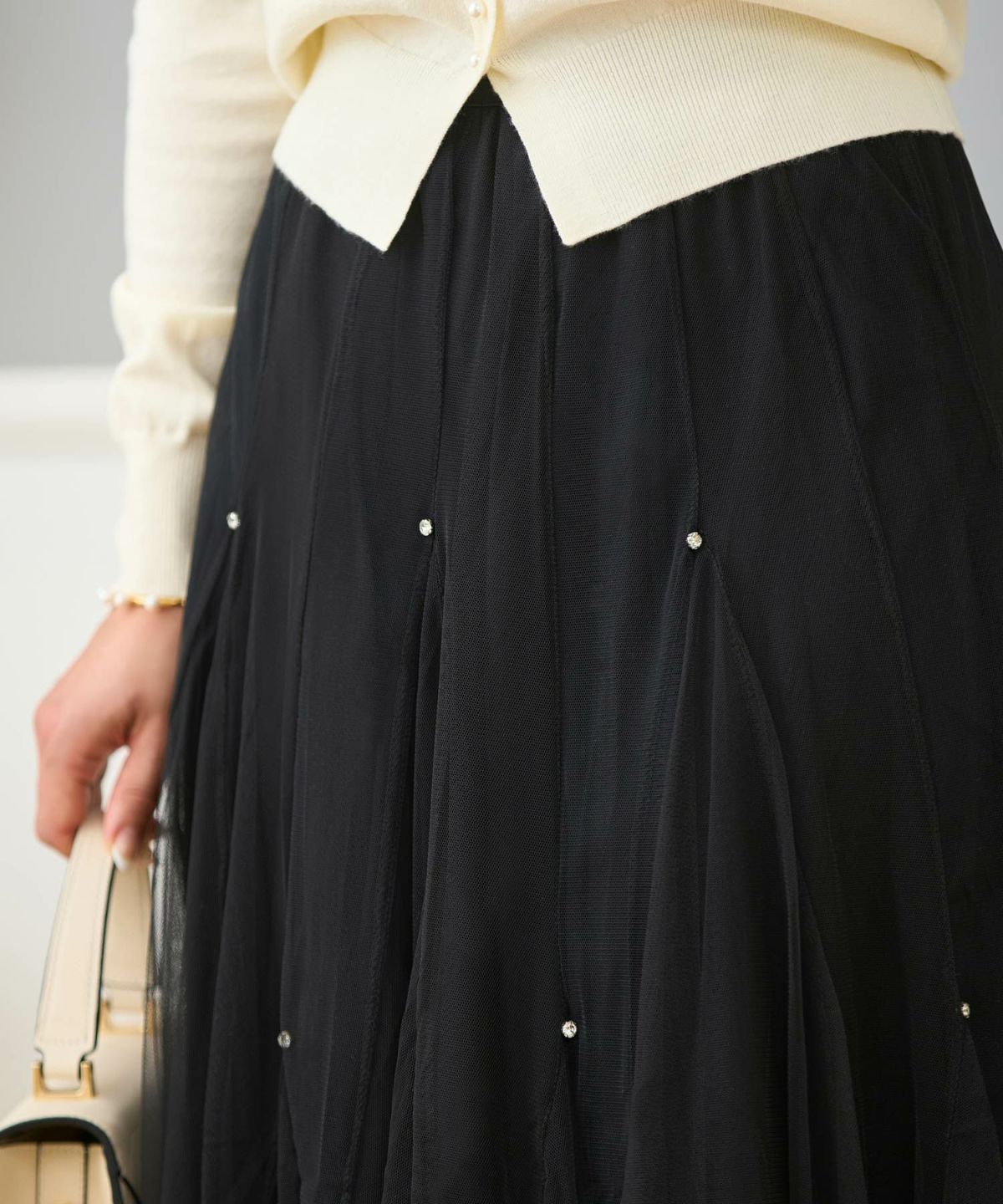 セレクトスカートフレアチュール白黒ロングきれいめかわいい大人オフィスジョイントスペース