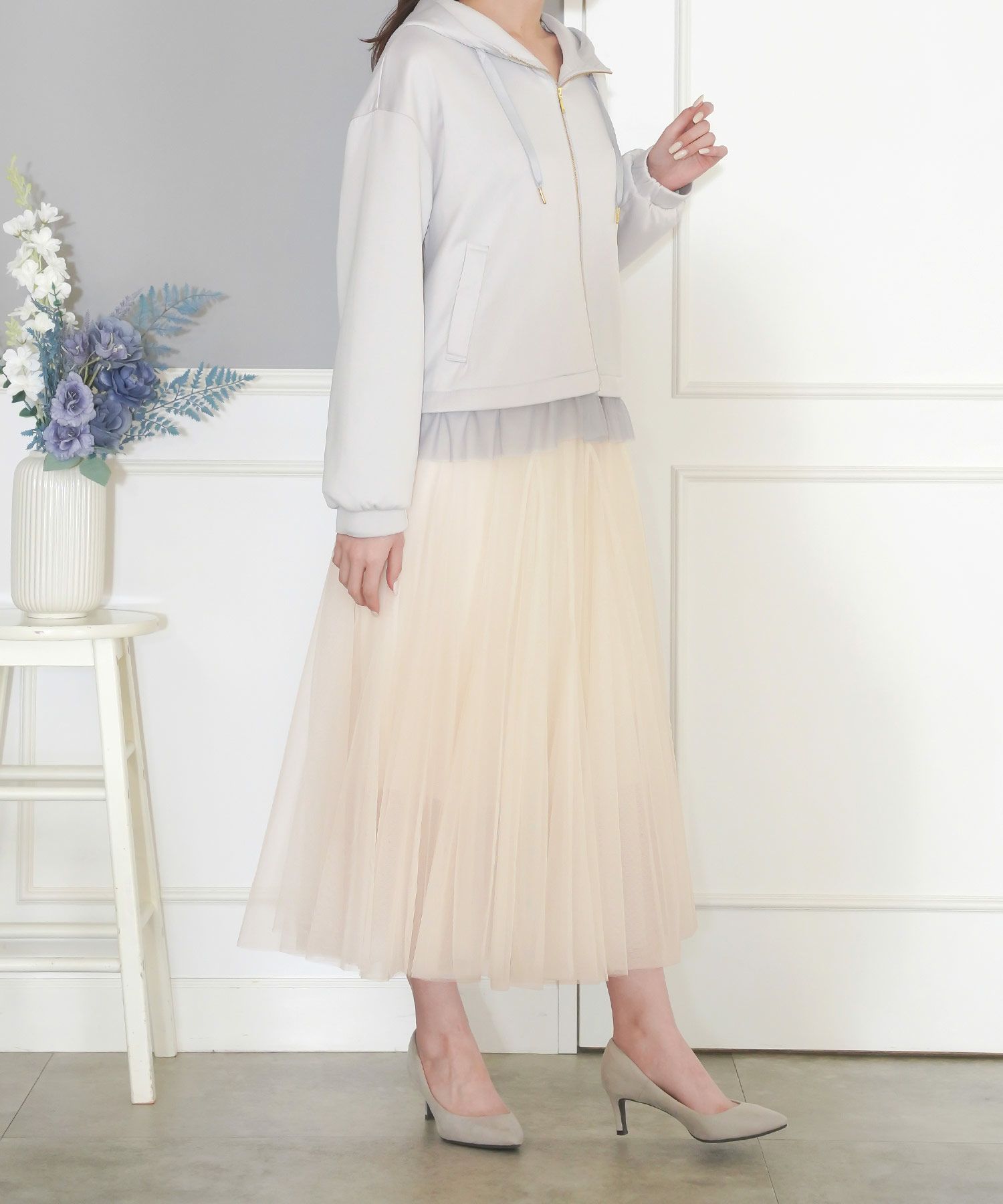 セレクトスカートフレアチュール白黒ロングきれいめかわいい大人オフィスジョイントスペース