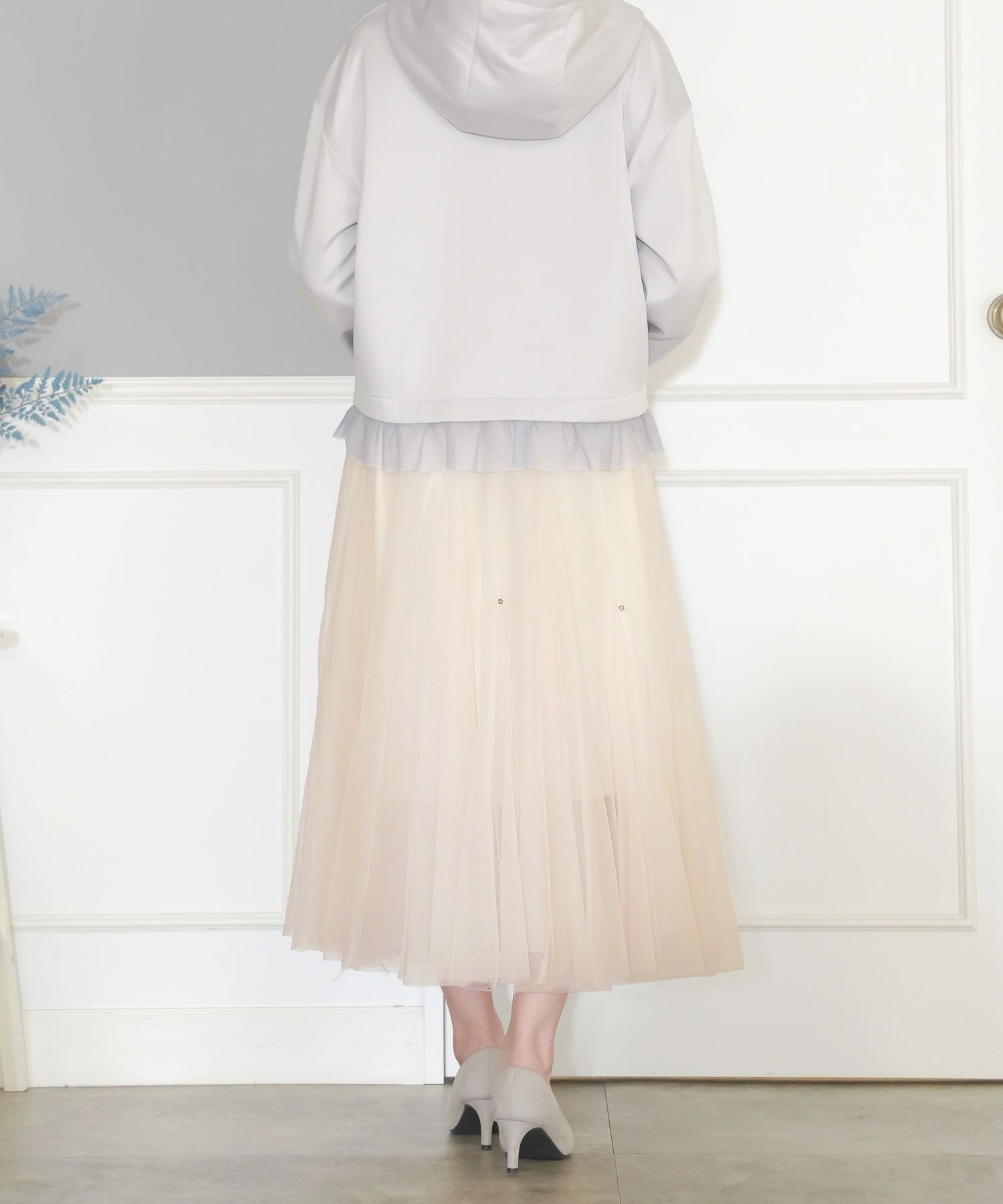 セレクトスカートフレアチュール白黒ロングきれいめかわいい大人オフィスジョイントスペース