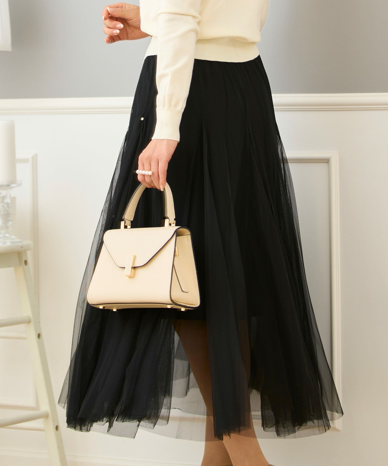 セレクトスカートフレアチュール白黒ロングきれいめかわいい大人オフィスジョイントスペース