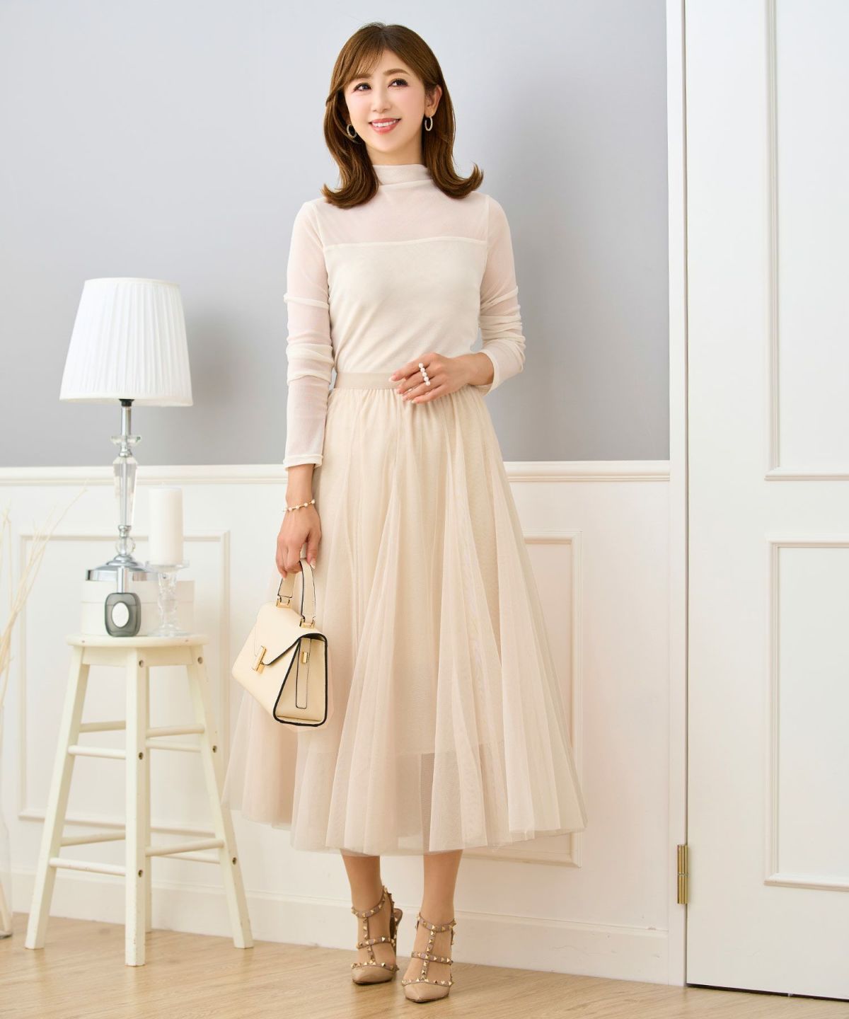 セレクトスカートフレアチュール白黒ロングきれいめかわいい大人オフィスジョイントスペース