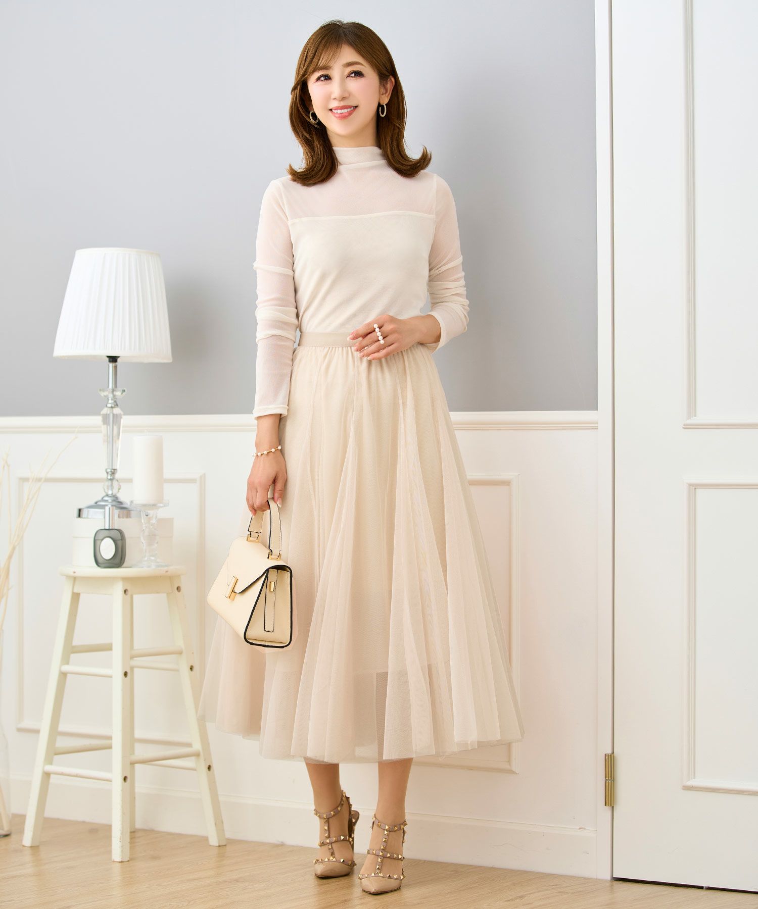 セレクトスカートフレアチュール白黒ロングきれいめかわいい大人オフィスジョイントスペース