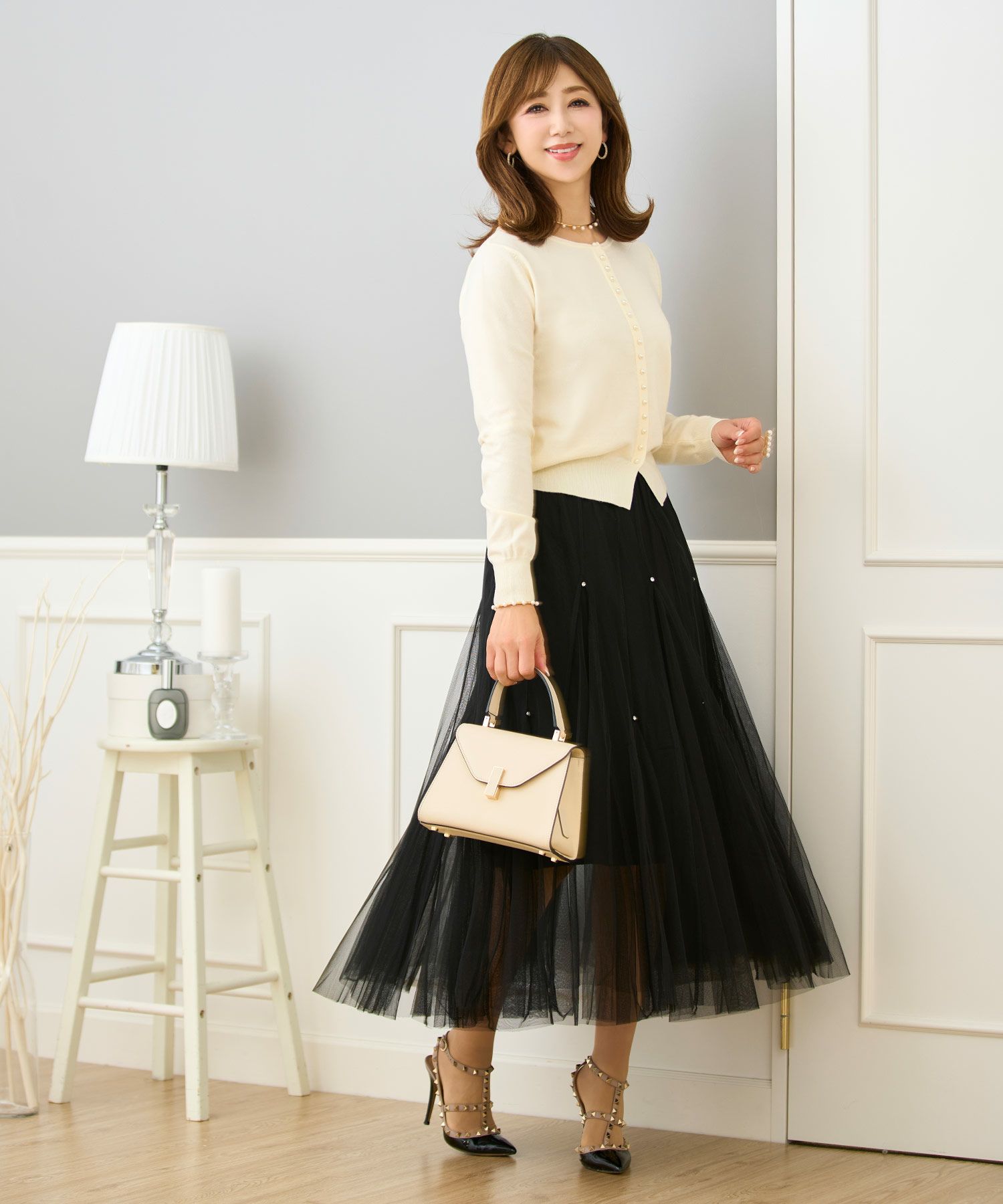 セレクトスカートフレアチュール白黒ロングきれいめかわいい大人オフィスジョイントスペース