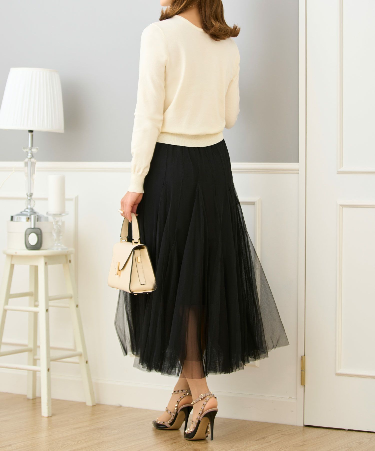 セレクトスカートフレアチュール白黒ロングきれいめかわいい大人オフィスジョイントスペース