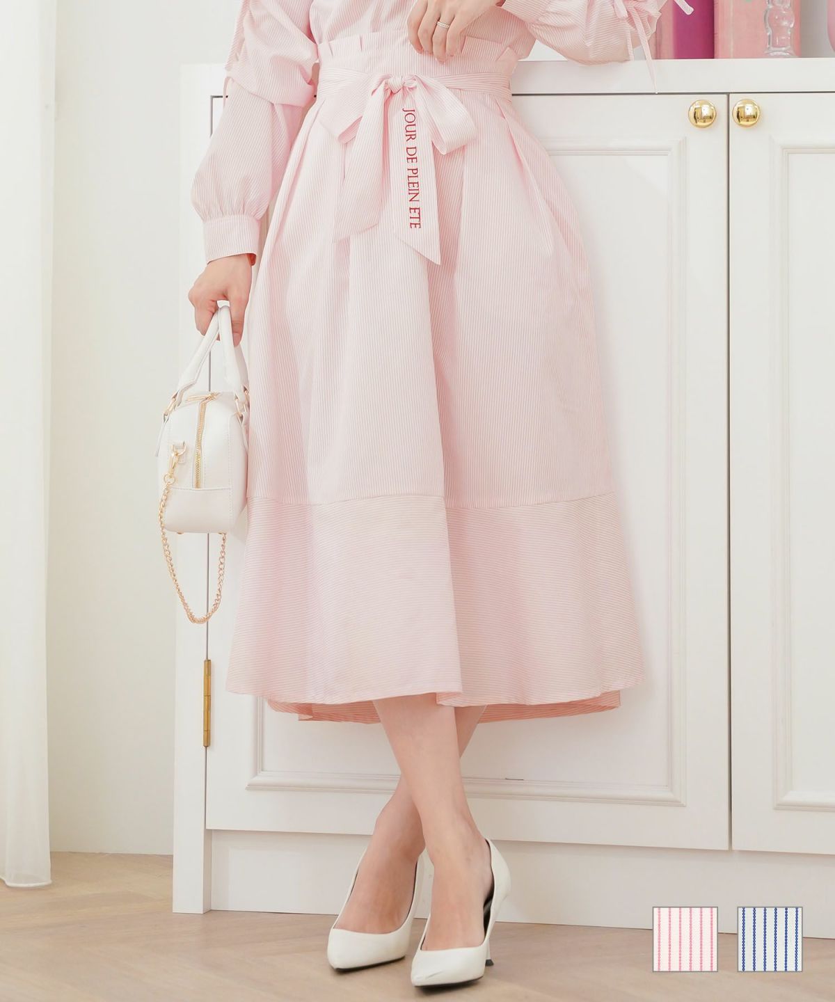 ストライプリボンベルト刺繍フレアスカートlerevevanillerピンク/サックス