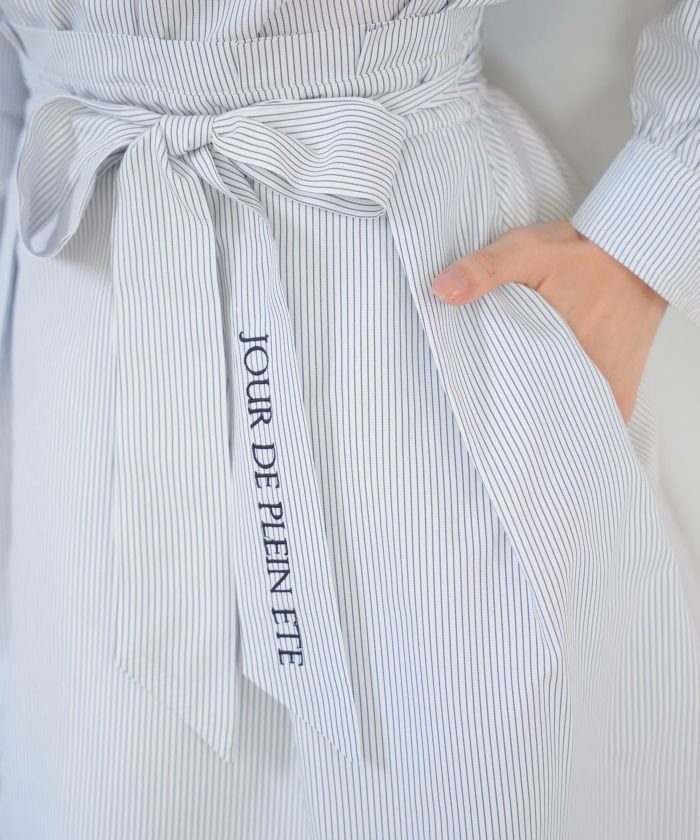 レディース/ボトムス/スカート/フレアスカート/ストライプ柄/刺繍/ロゴ/タック/ポケット/清涼感/春/夏/リボン/ピンク/サックス