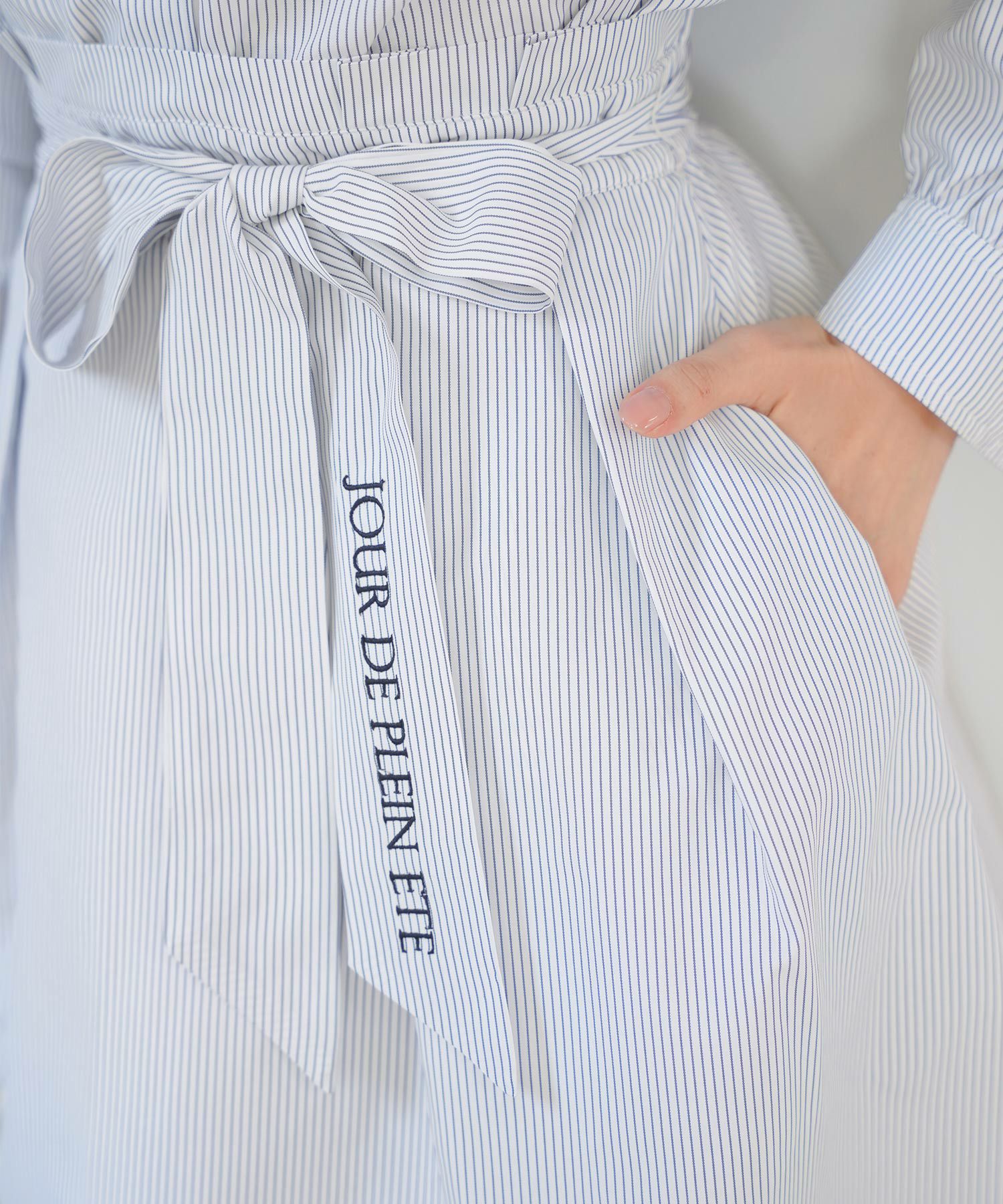 レディース/ボトムス/スカート/フレアスカート/ストライプ柄/刺繍/ロゴ/タック/ポケット/清涼感/春/夏/リボン/ピンク/サックス