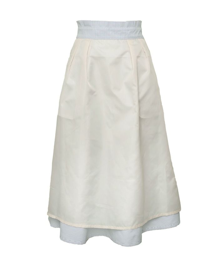 レディース/ボトムス/スカート/フレアスカート/ストライプ柄/刺繍/ロゴ/タック/ポケット/清涼感/春/夏/リボン/ピンク/サックス