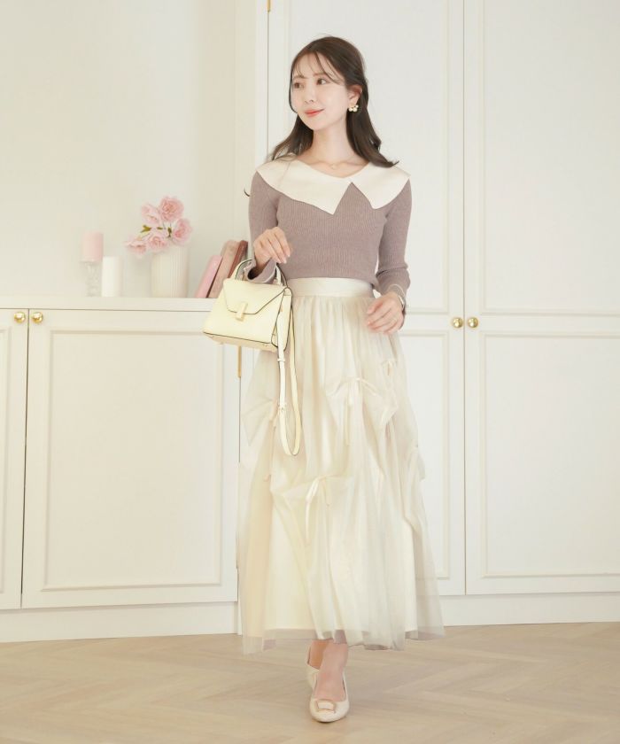 レディース/セレクト/ボトムス/スカート/チュール/リボン/アシメ/ランダム/シアー/透け感/ウエストゴム/春/夏/秋/冬/フェミニン/上品/エレガント/かわいい/アイボリ－/グレー