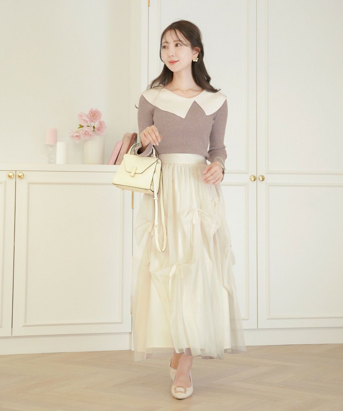 レディース/セレクト/ボトムス/スカート/チュール/リボン/アシメ/ランダム/シアー/透け感/ウエストゴム/春/夏/秋/冬/フェミニン/上品/エレガント/かわいい/アイボリ－/グレー