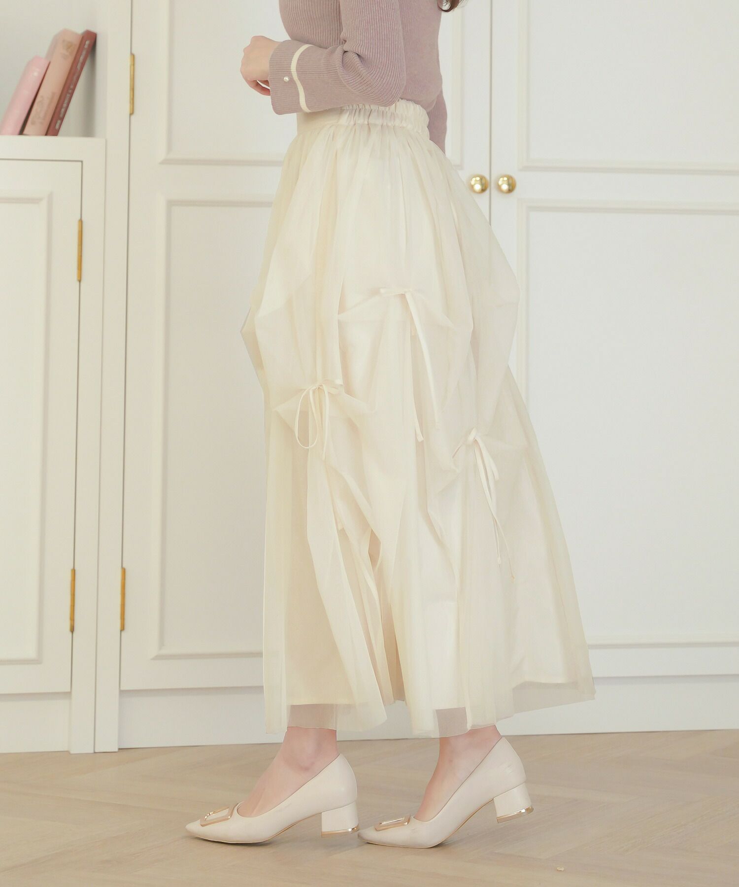 レディース/セレクト/ボトムス/スカート/チュール/リボン/アシメ/ランダム/シアー/透け感/ウエストゴム/春/夏/秋/冬/フェミニン/上品/エレガント/かわいい/アイボリ－/グレー
