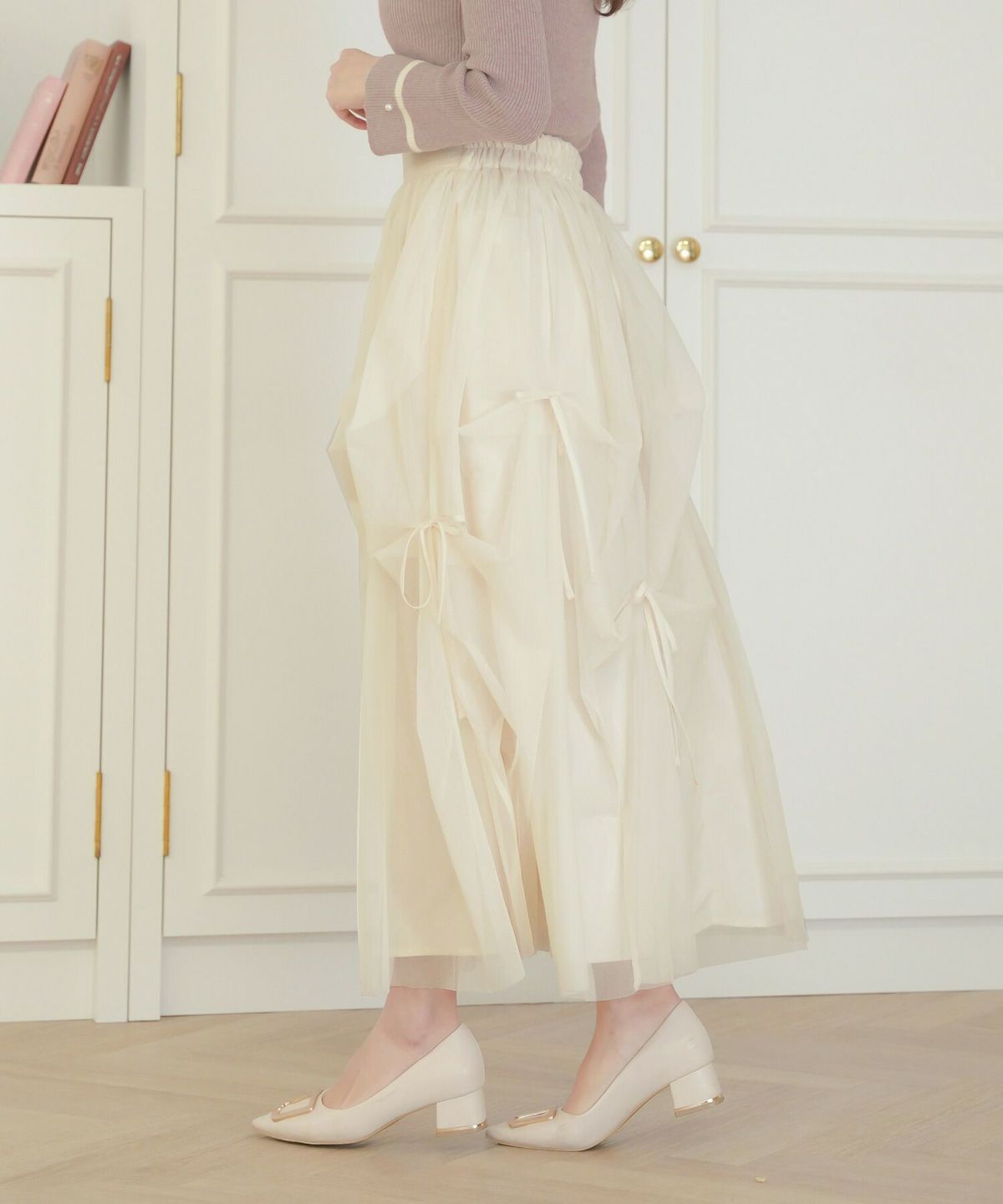 レディース/セレクト/ボトムス/スカート/チュール/リボン/アシメ/ランダム/シアー/透け感/ウエストゴム/春/夏/秋/冬/フェミニン/上品/エレガント/かわいい/アイボリ－/グレー