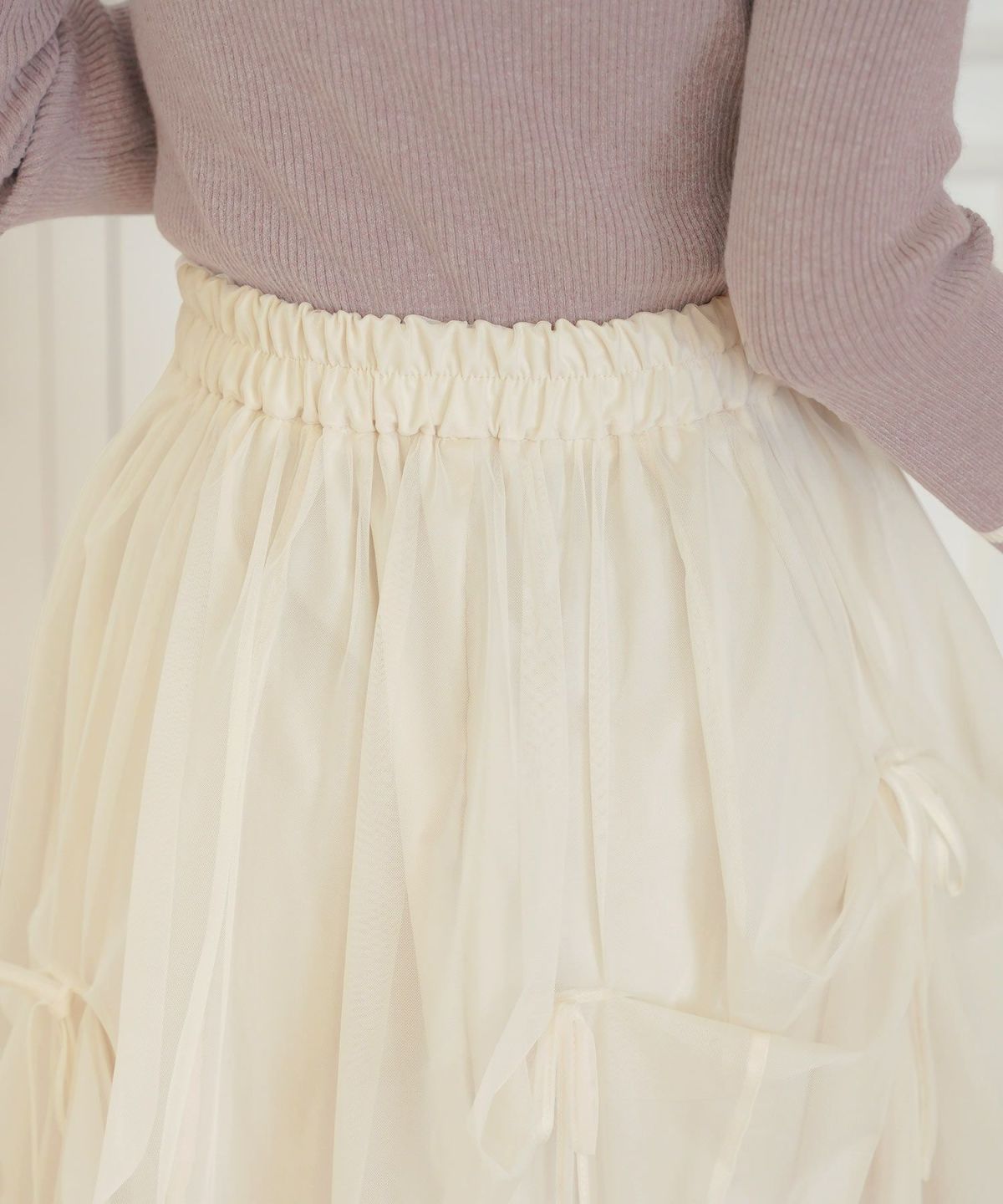 レディース/セレクト/ボトムス/スカート/チュール/リボン/アシメ/ランダム/シアー/透け感/ウエストゴム/春/夏/秋/冬/フェミニン/上品/エレガント/かわいい/アイボリ－/グレー