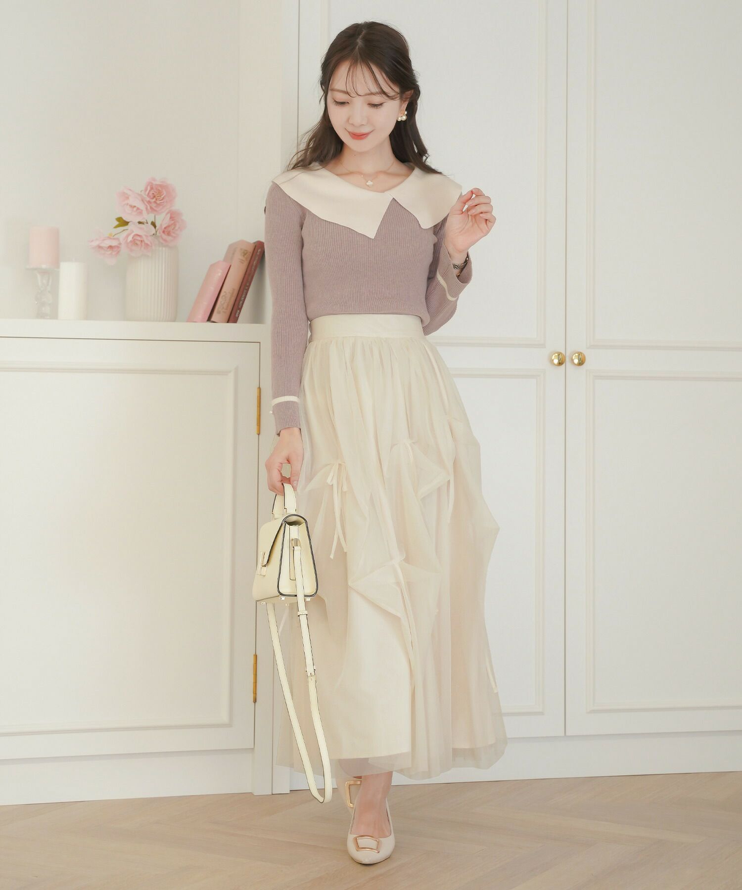 レディース/セレクト/ボトムス/スカート/チュール/リボン/アシメ/ランダム/シアー/透け感/ウエストゴム/春/夏/秋/冬/フェミニン/上品/エレガント/かわいい/アイボリ－/グレー