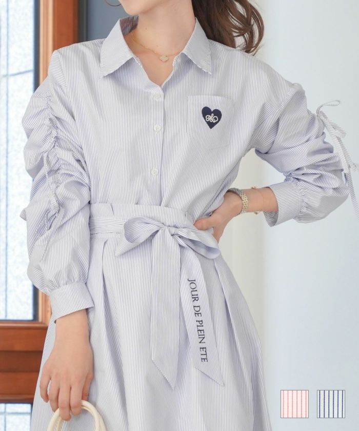 ストライプパワショル×リボンブラウスlerevevanillerピンク/サックス