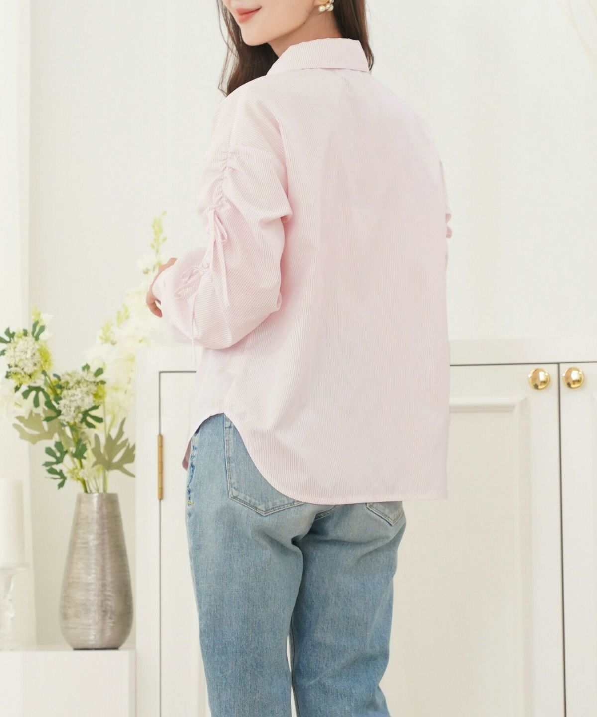 レディース/シャツ/ブラウス/襟/刺繍/リボン/春/夏/パワショル/ハート/ストライプ/カジュアル/ギャザー/ポケット/涼し気/サックス/ピンク/可愛い/フェミニン