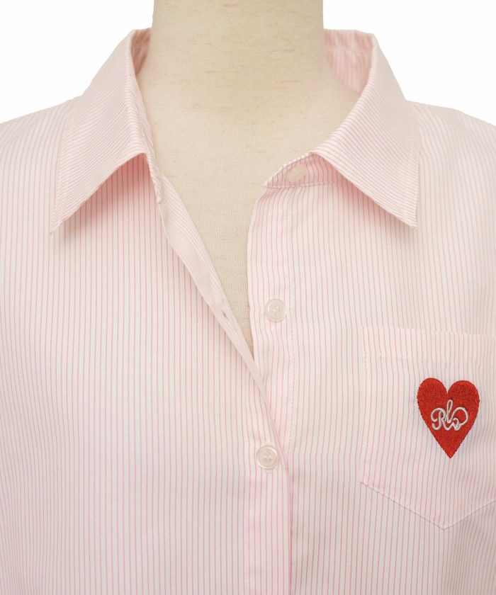 レディース/シャツ/ブラウス/襟/刺繍/リボン/春/夏/パワショル/ハート/ストライプ/カジュアル/ギャザー/ポケット/涼し気/サックス/ピンク/可愛い/フェミニン