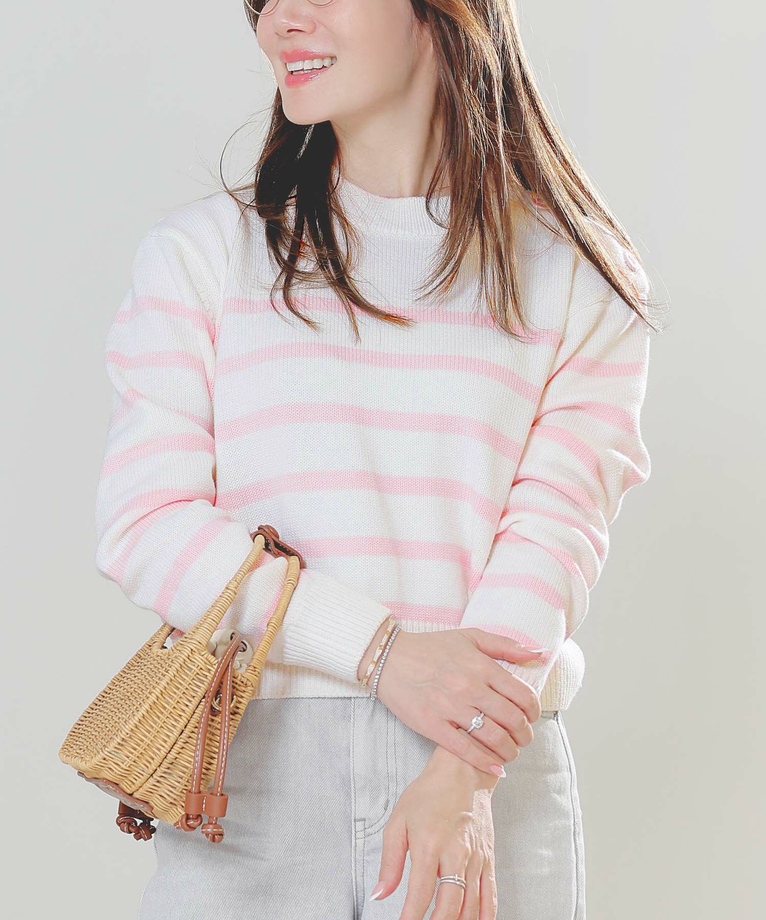 手洗い可トップスレディースニット春秋かわいいオフィスきれいめピンク大人ジョイントスペース