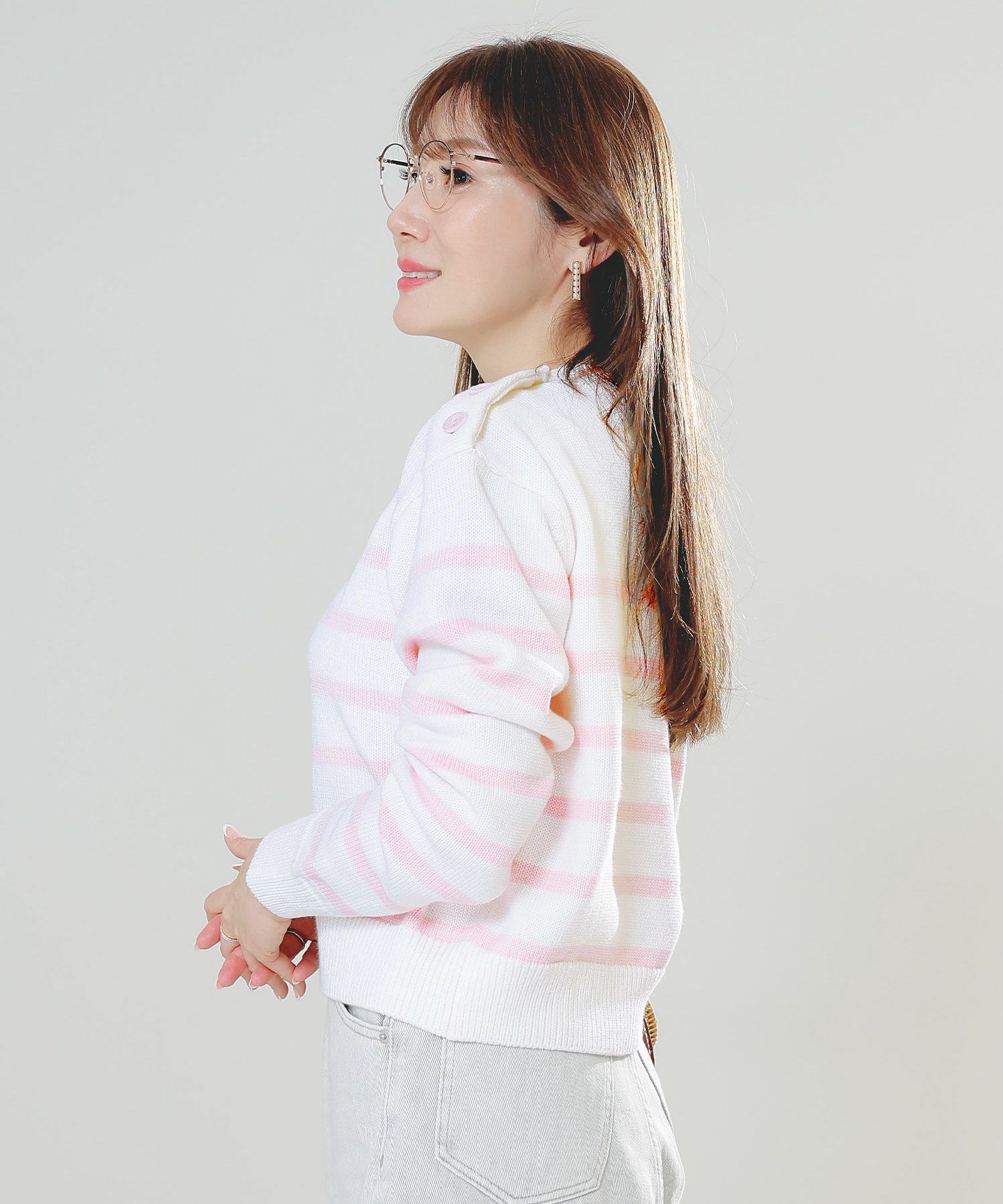 手洗い可トップスレディースニット春秋かわいいオフィスきれいめピンク大人ジョイントスペース