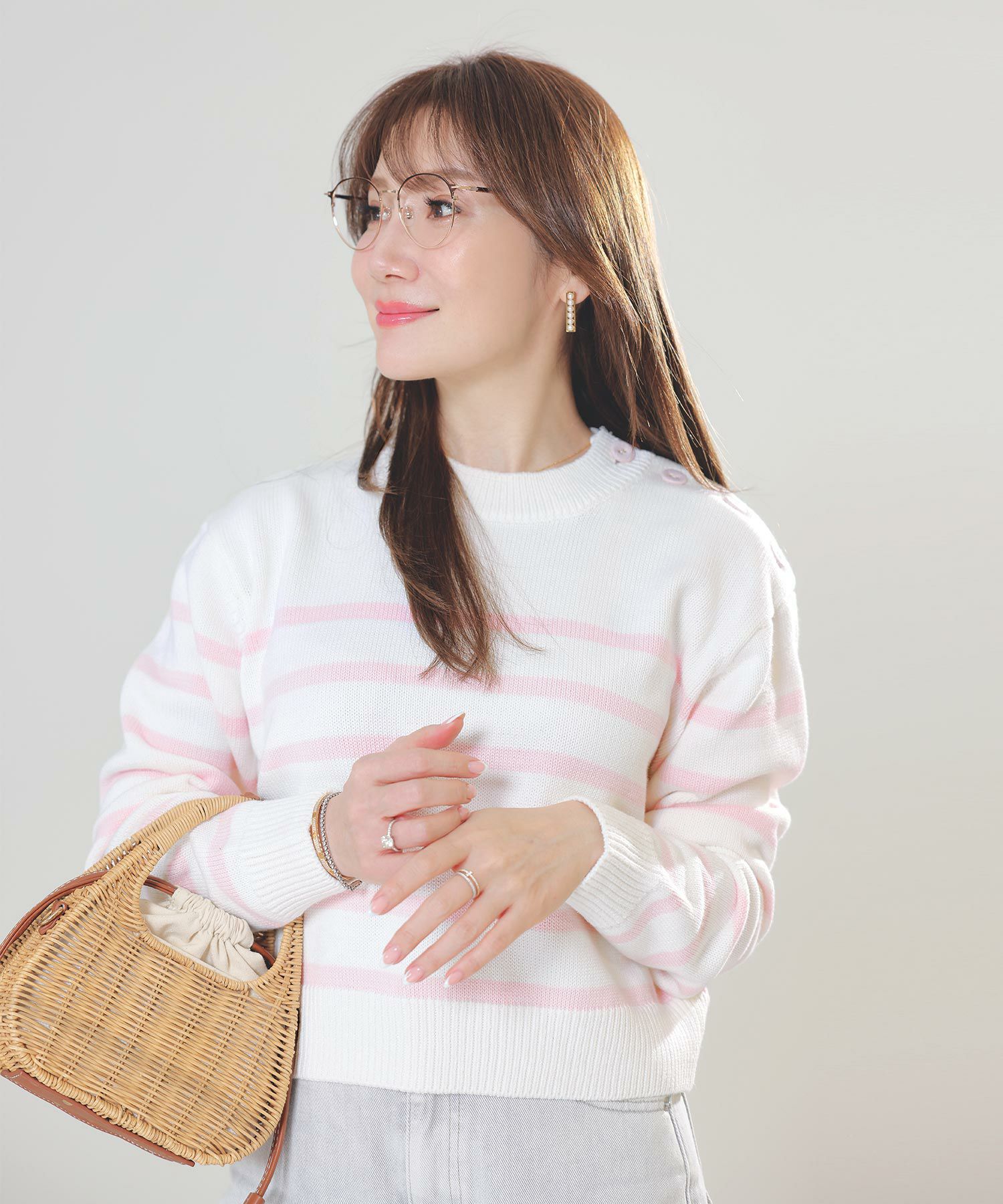 手洗い可トップスレディースニット春秋かわいいオフィスきれいめピンク大人ジョイントスペース