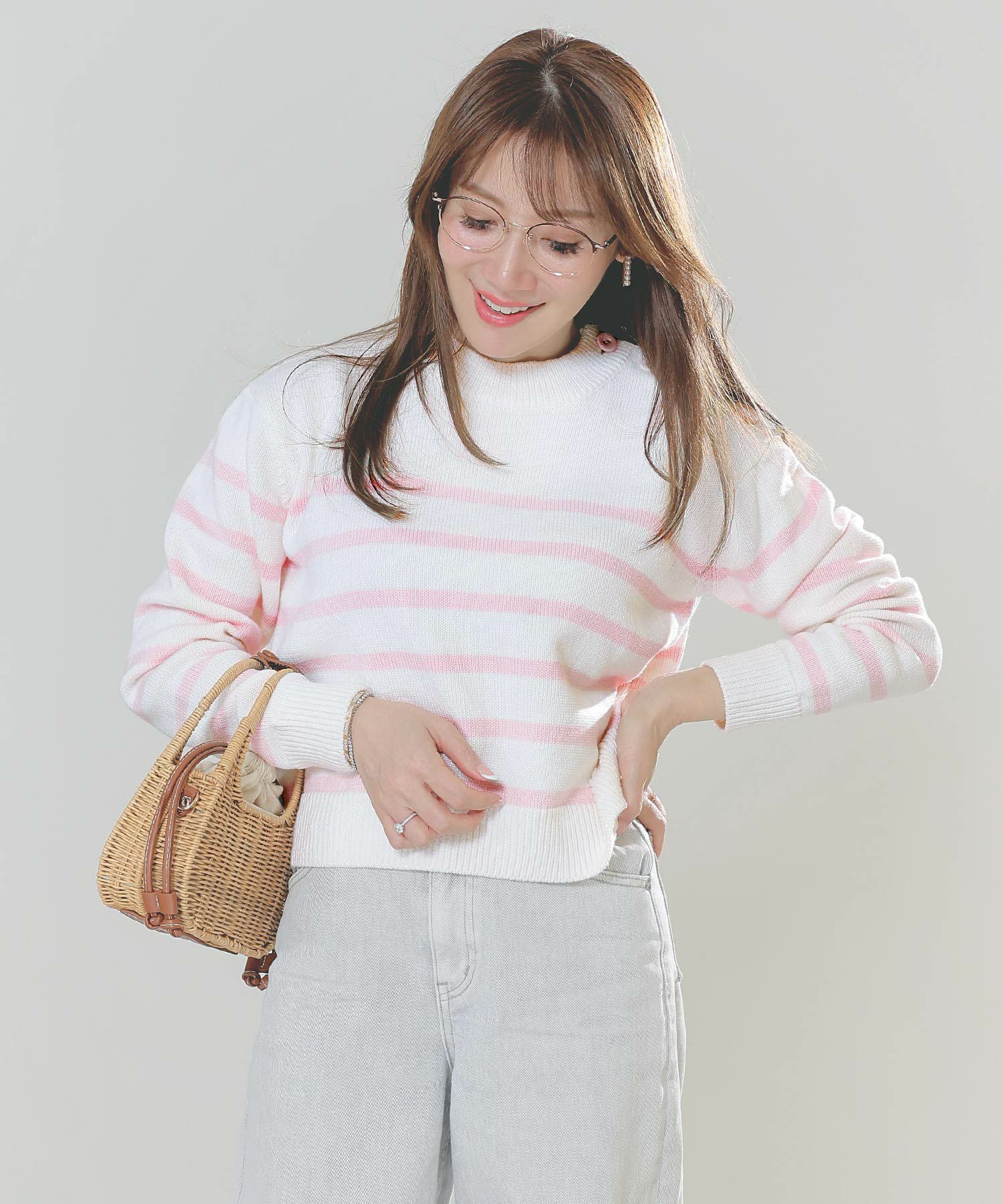 手洗い可トップスレディースニット春秋かわいいオフィスきれいめピンク大人ジョイントスペース