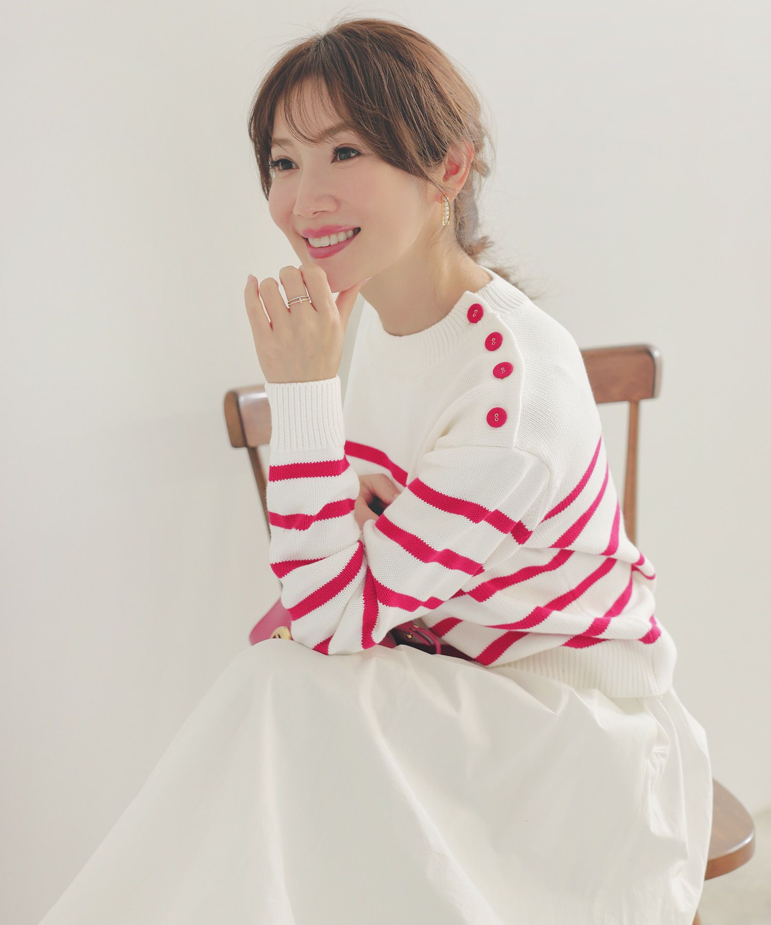 手洗い可トップスレディースニット春秋かわいいオフィスきれいめピンク大人ジョイントスペース