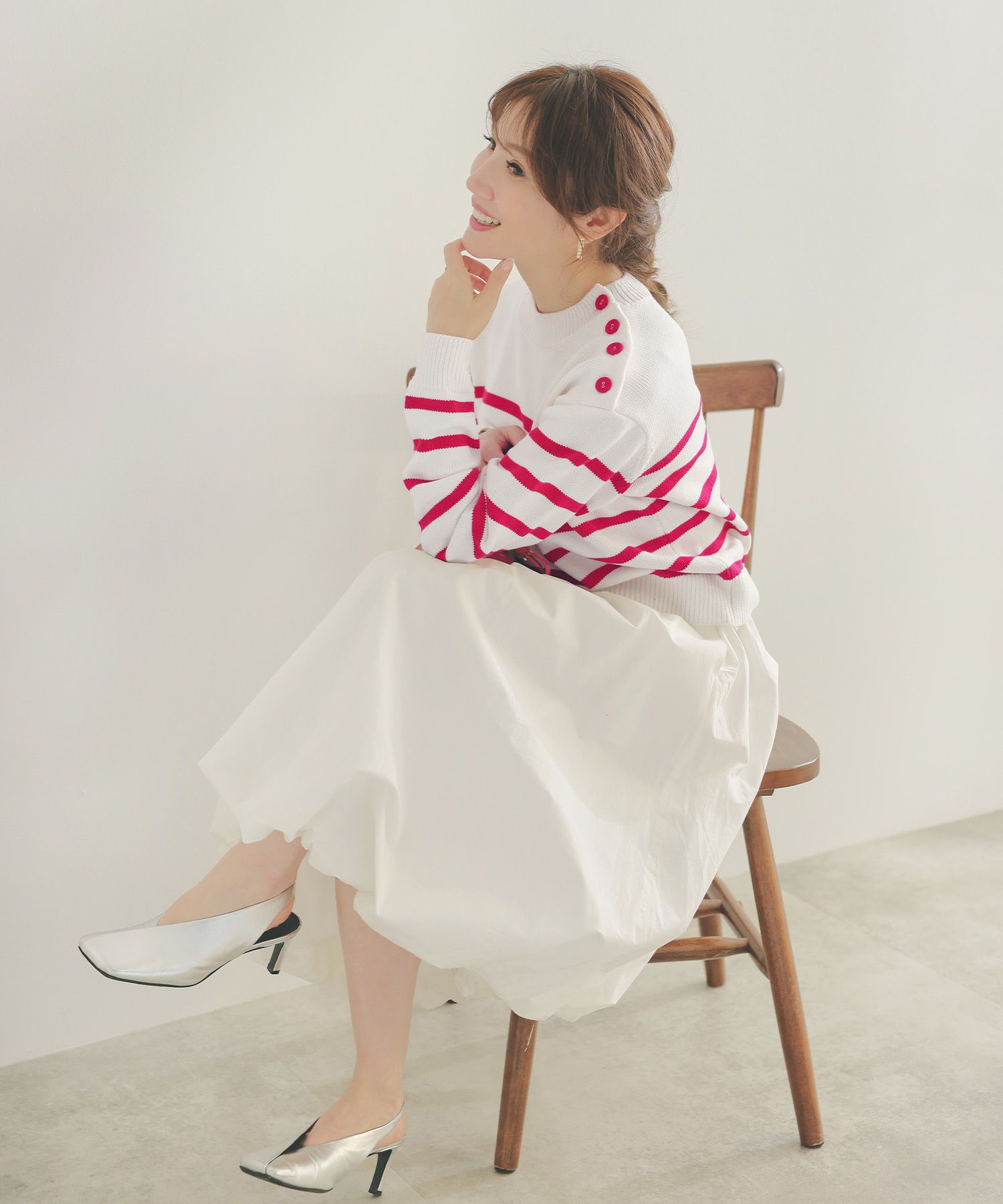 手洗い可トップスレディースニット春秋かわいいオフィスきれいめピンク大人ジョイントスペース