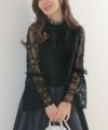 手洗い可レーススタンドカラーおしゃれフェミニン透け感上品きれいめオケージョン長袖白黒ジョイントスペース