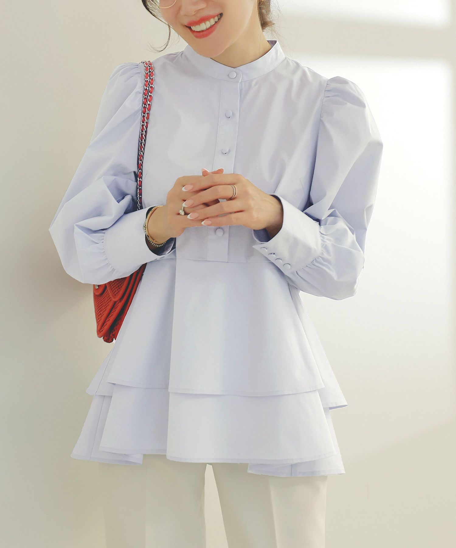 手洗い可くるみ釦フェミニンオフィス春上品大人可愛いきれいめジョイントスペース