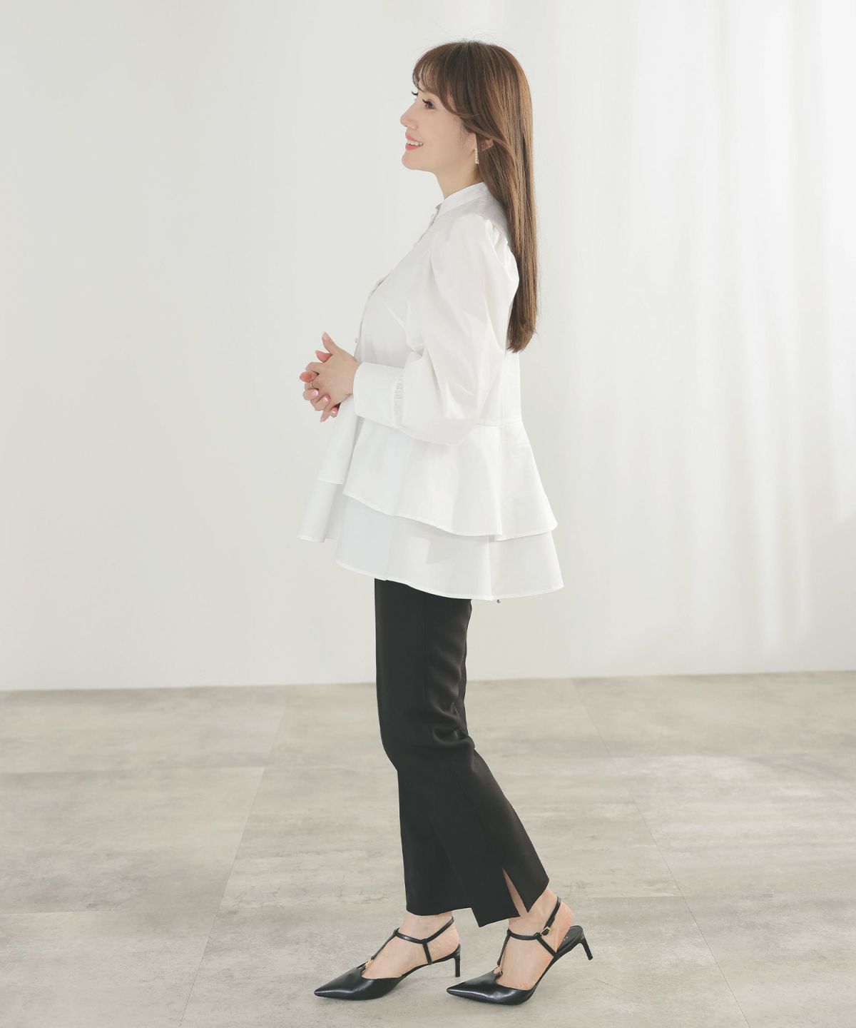 手洗い可くるみ釦フェミニンオフィス春上品大人可愛いきれいめジョイントスペース