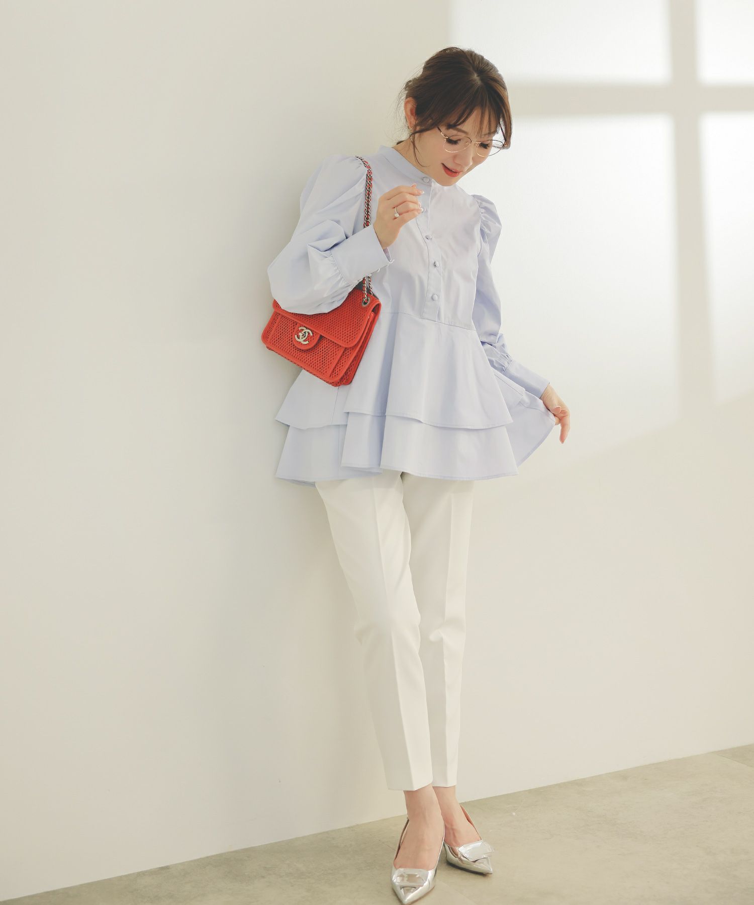 手洗い可くるみ釦フェミニンオフィス春上品大人可愛いきれいめジョイントスペース