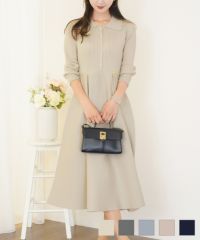 パールトリム襟付きニットワンピースlerevevaniller チャコール/ブルーグレー/ピンクベージュ/ネイビー