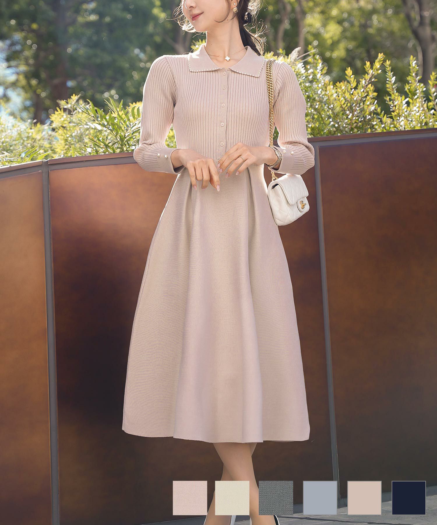 パールトリム襟付きニットワンピースlerevevaniller チャコール/ブルーグレー/ピンクベージュ/ネイビー