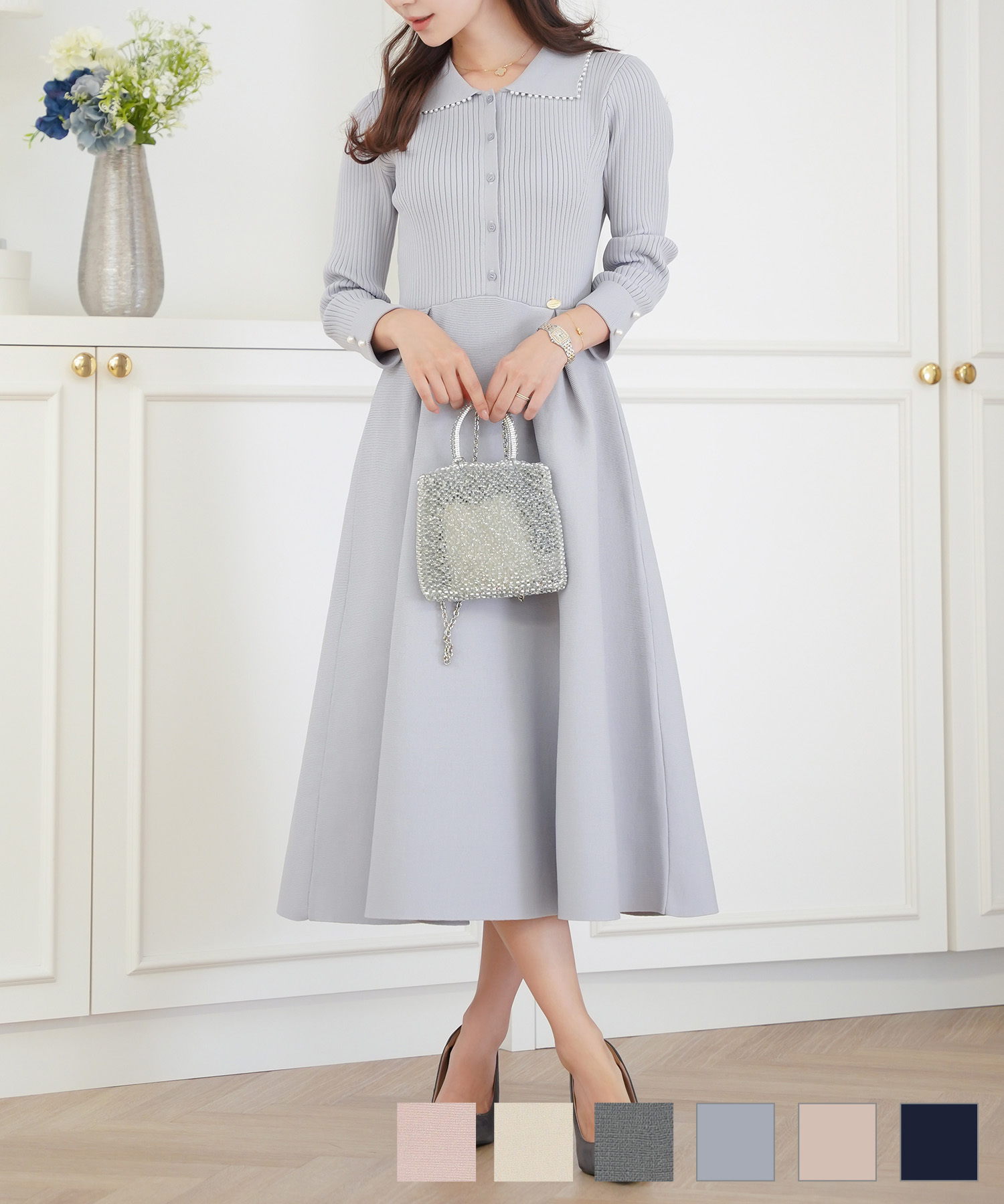 パールトリム襟付きニットワンピースlerevevaniller チャコール/ブルーグレー/ピンクベージュ/ネイビー