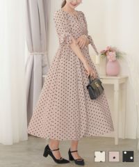 ドット柄フロントファスナー袖リボンワンピースlerevevanillerアイボリー/ダスティピンク/ブラック