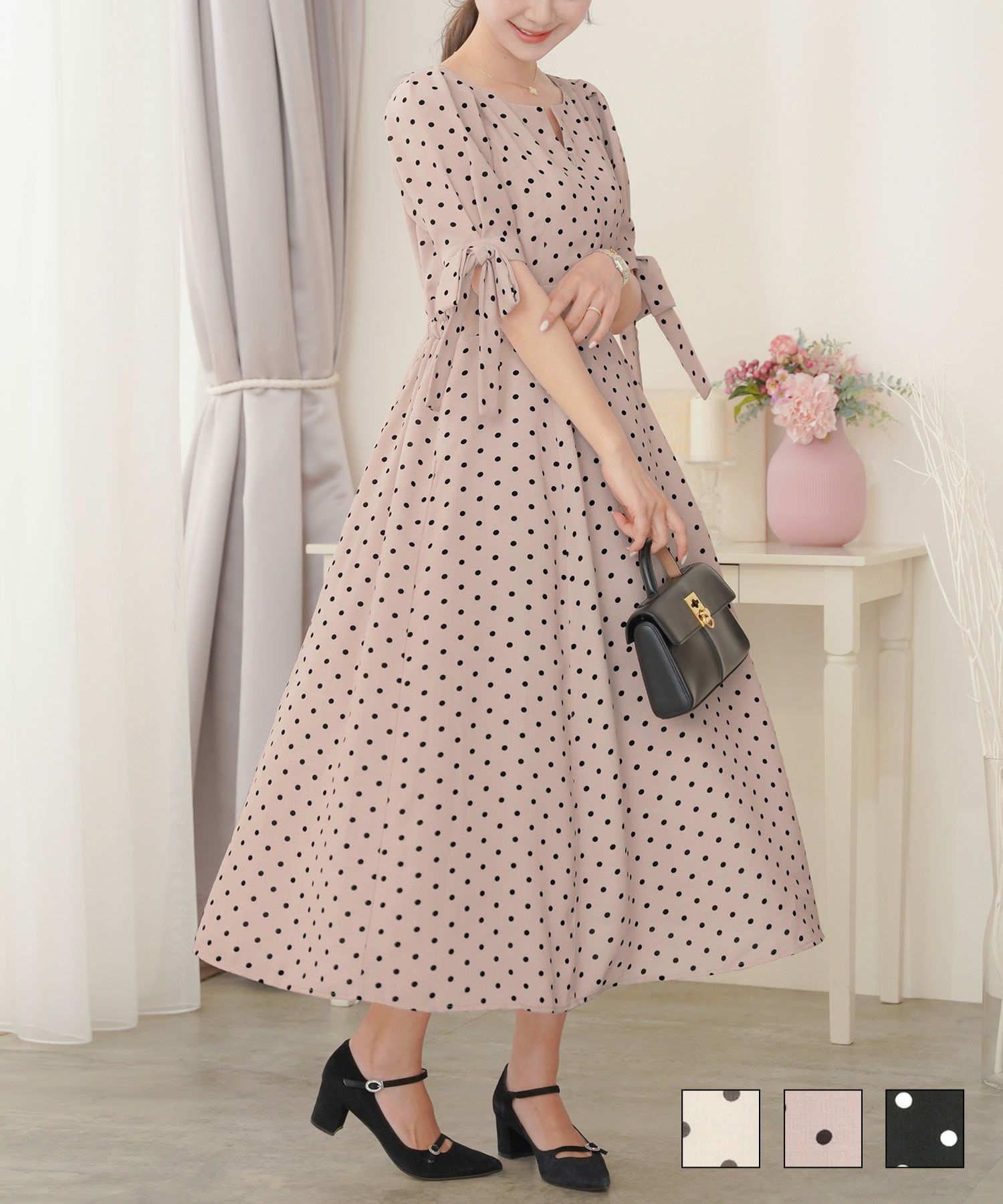 ドット柄フロントファスナー袖リボンワンピースlerevevanillerアイボリー/ダスティピンク/ブラック