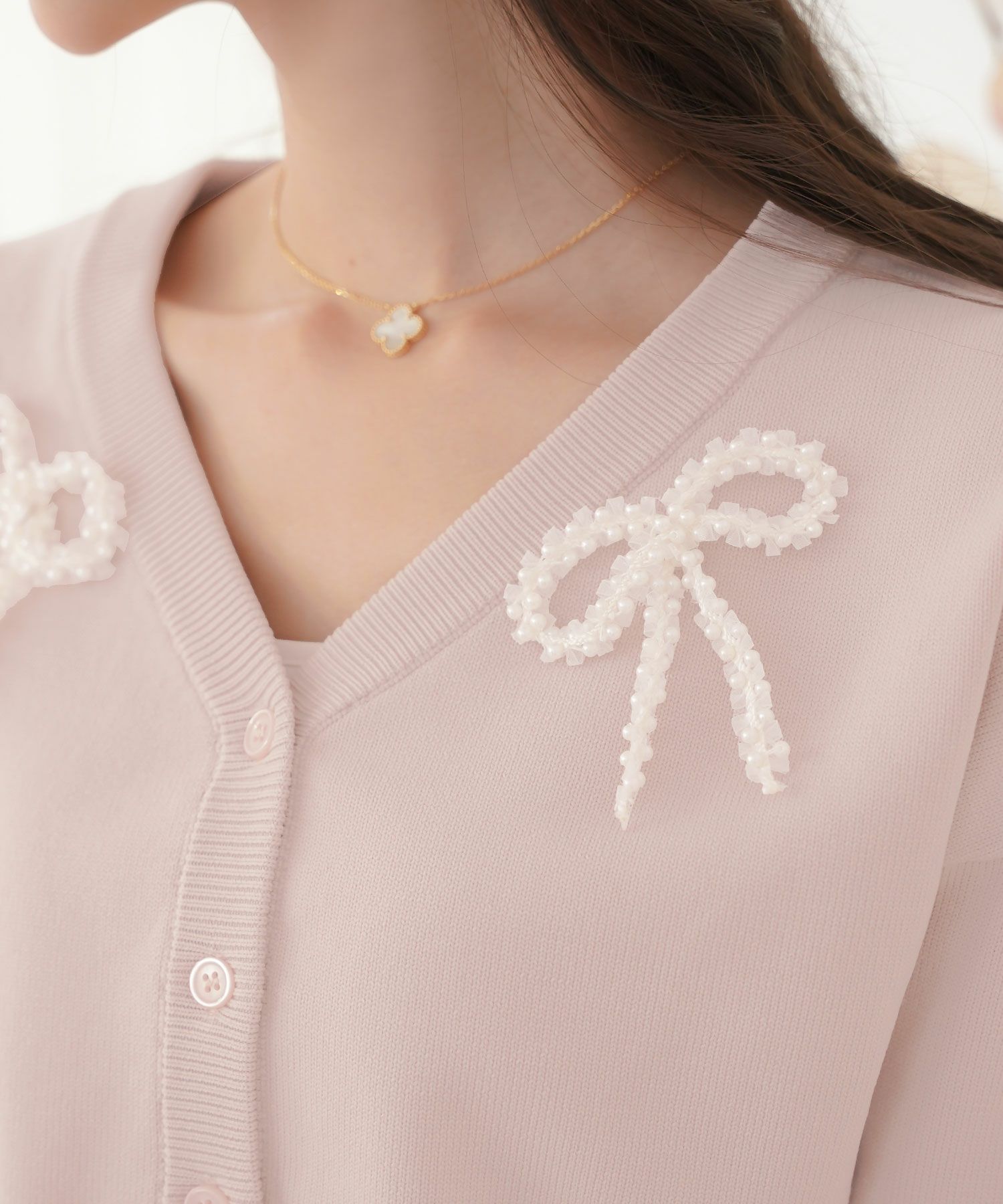 レディース/カーディガン/ワンピース/セット/リボン/パール/チュール/キャミワンピース/前あき/長袖/ドロップショルダー/コンパクト丈/レイヤード/裏地付き/上品/エレガント/フェミニン/大人/ピンクベージュ/ライトブルー/ネイビー