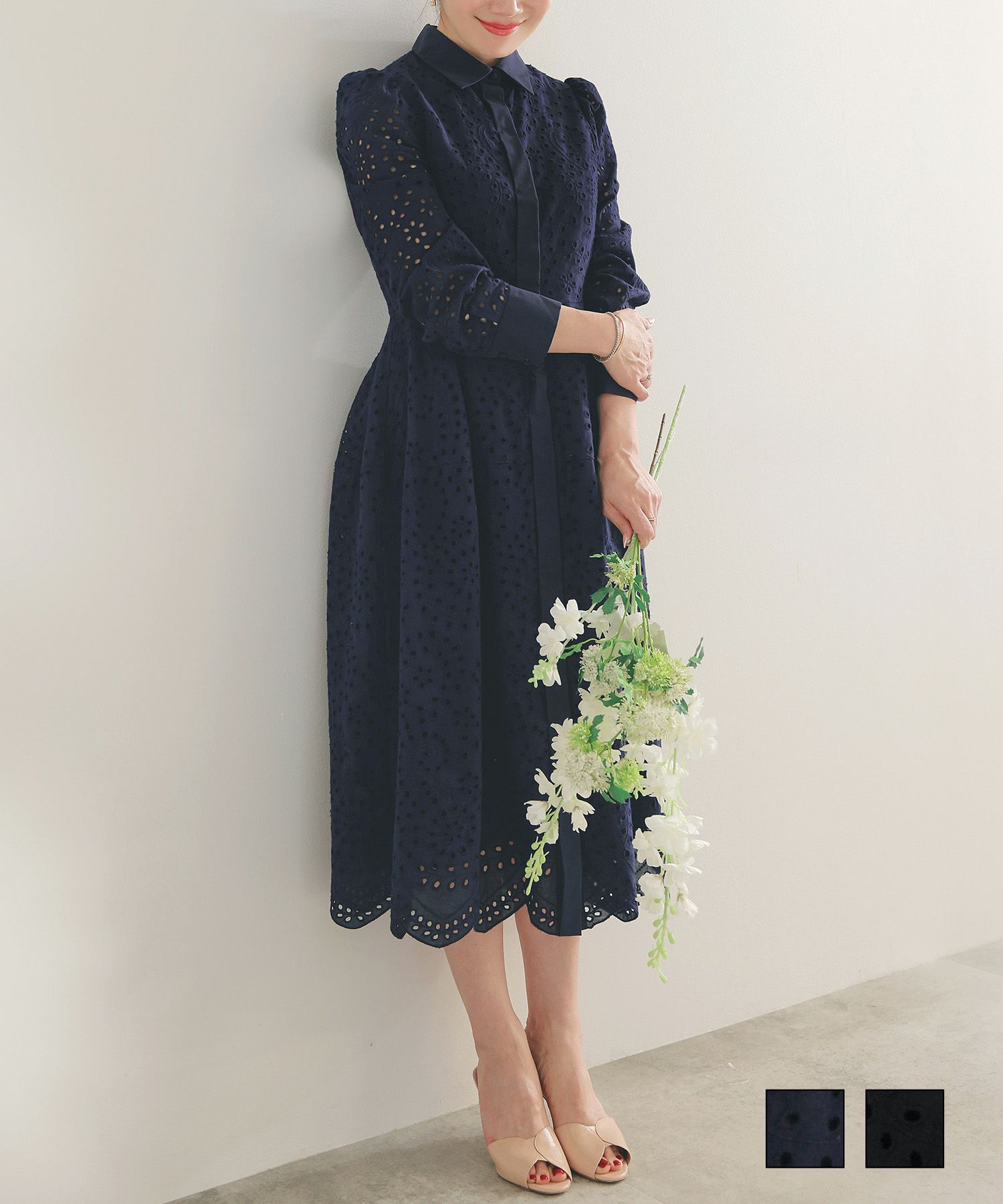 コットンレース襟付きスカラップヘムワンピースLiala×PG