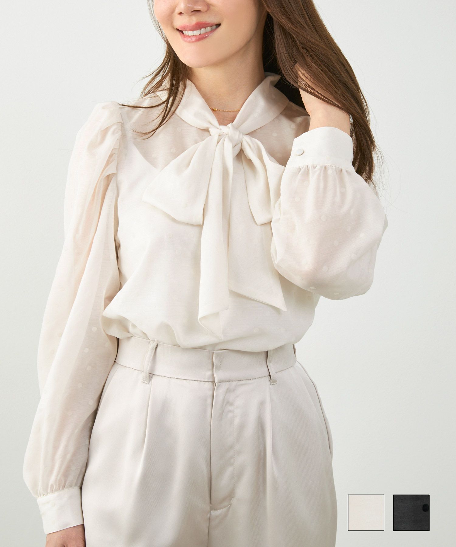 フロッキードットボウタイシアーブラウスLiala×PG