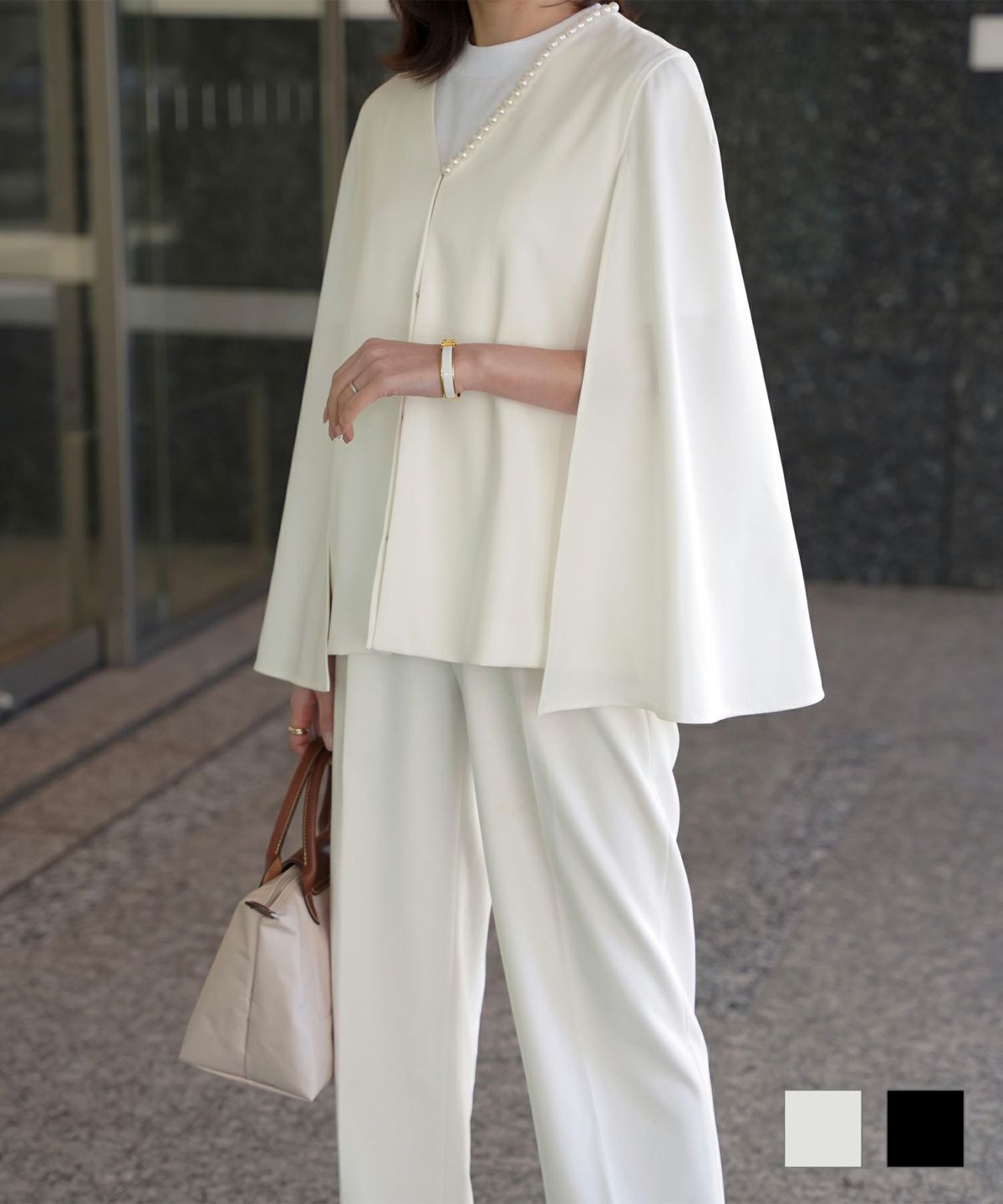 パールトリム ケープ ジャケット HUIT ホワイト/ブラック