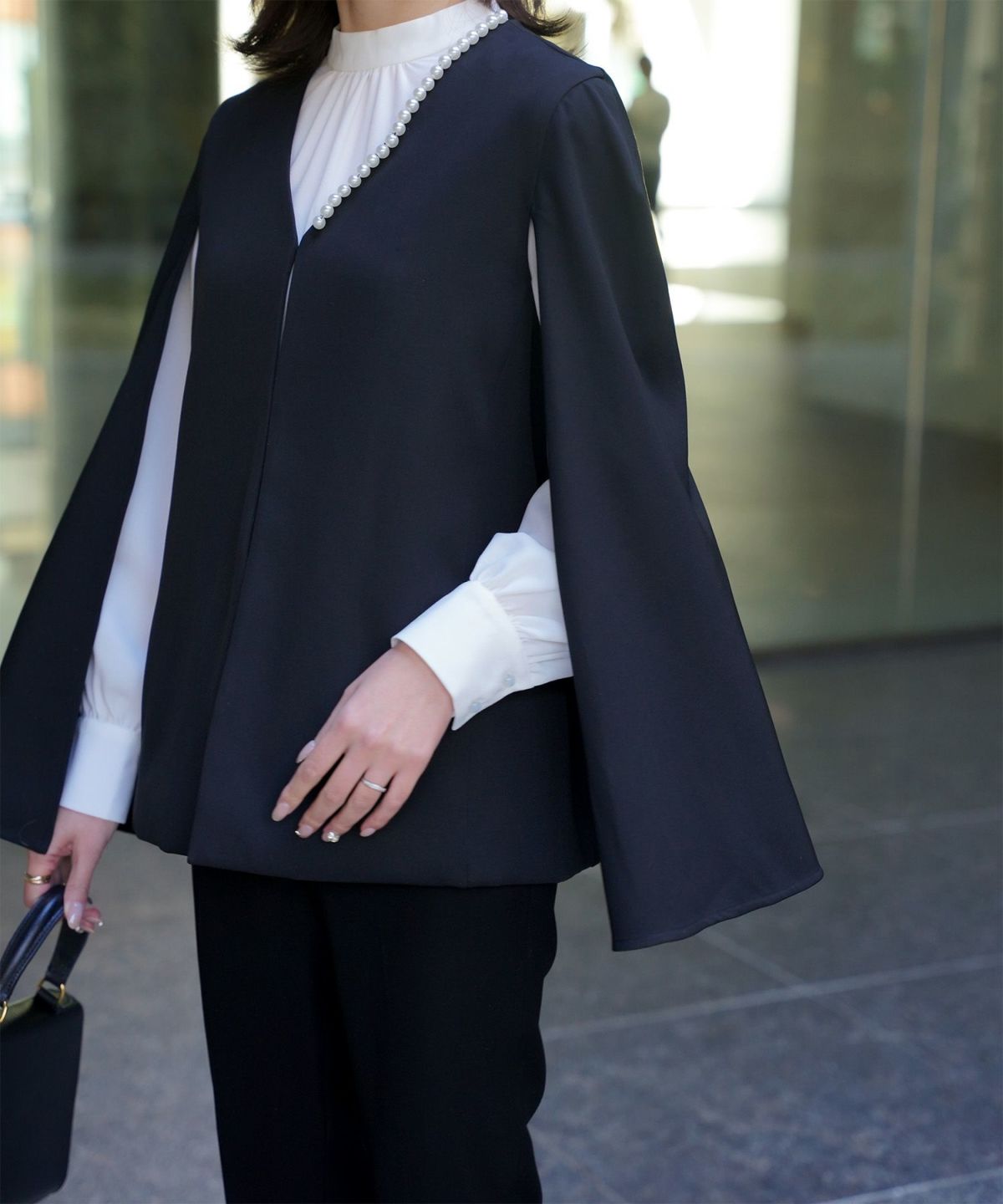 レディース パールトリム ジャケット/ホワイト/ブラック/M