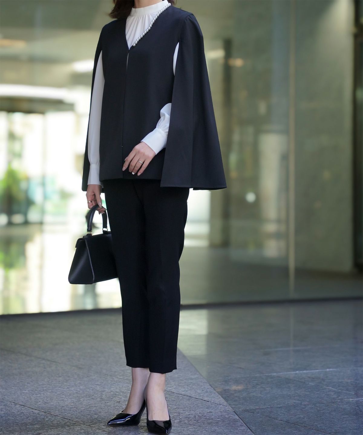 レディース パールトリム ジャケット/ホワイト/ブラック/M